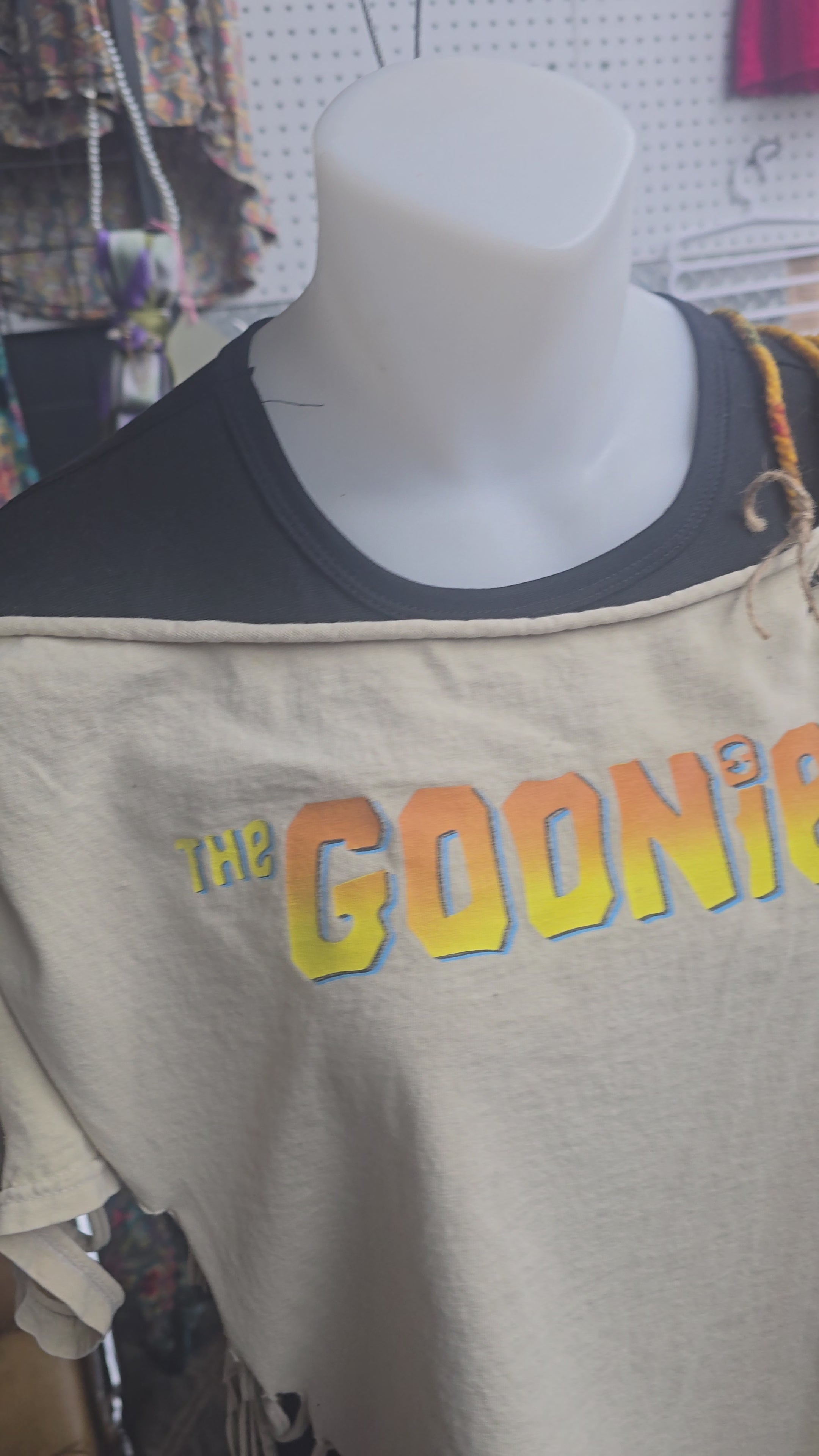 The Goonies Upcycled Off-Shoulder Graphic Tee | One-of-a-Kind Distressed Movie Shirt | Piratecore Grunge Top