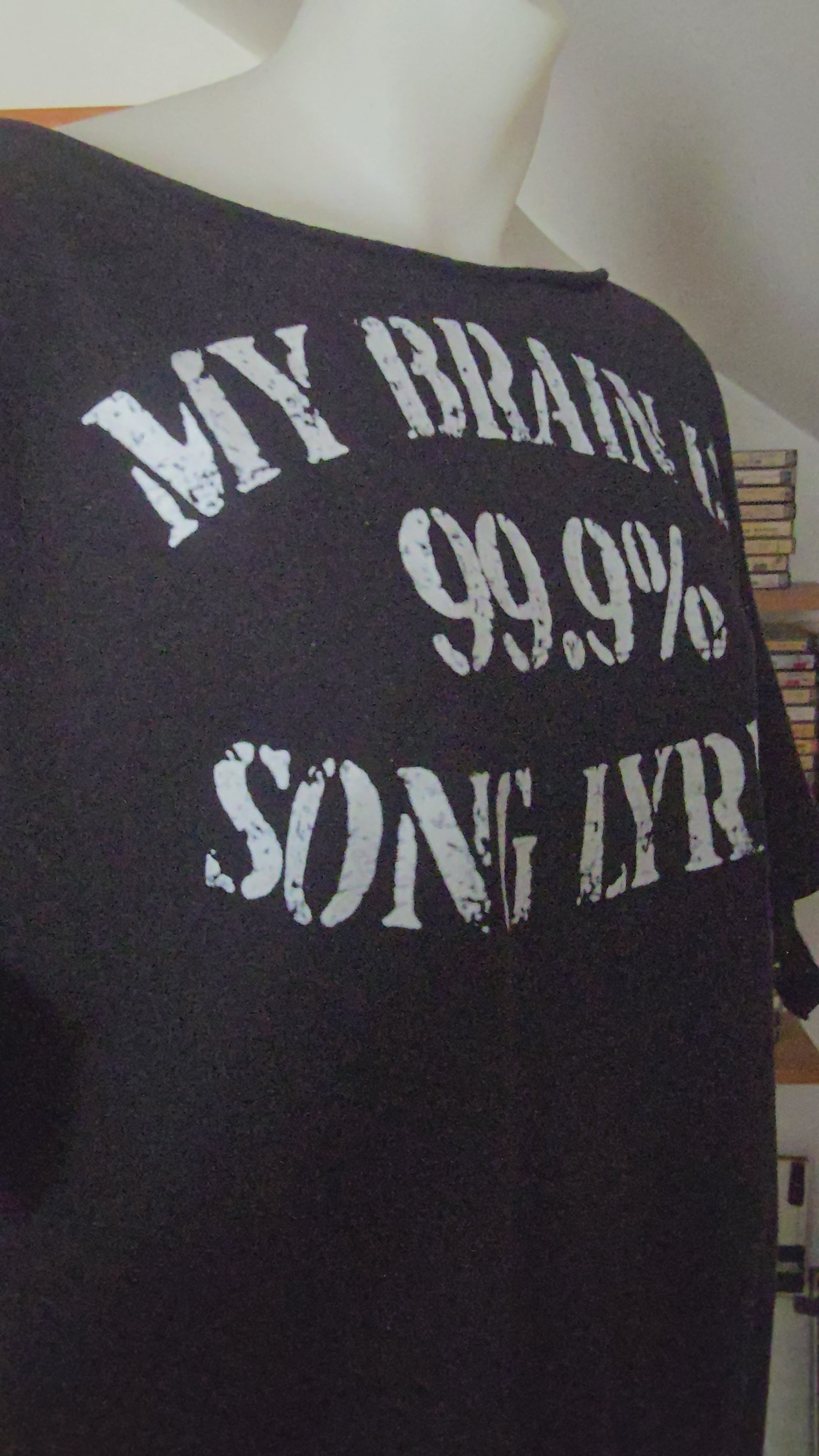 One-of-One "My Brain Is 99.9% Song Lyrics" Upcycled Fringe Tee | Shredded Alternative Graphic Top | XL–2X