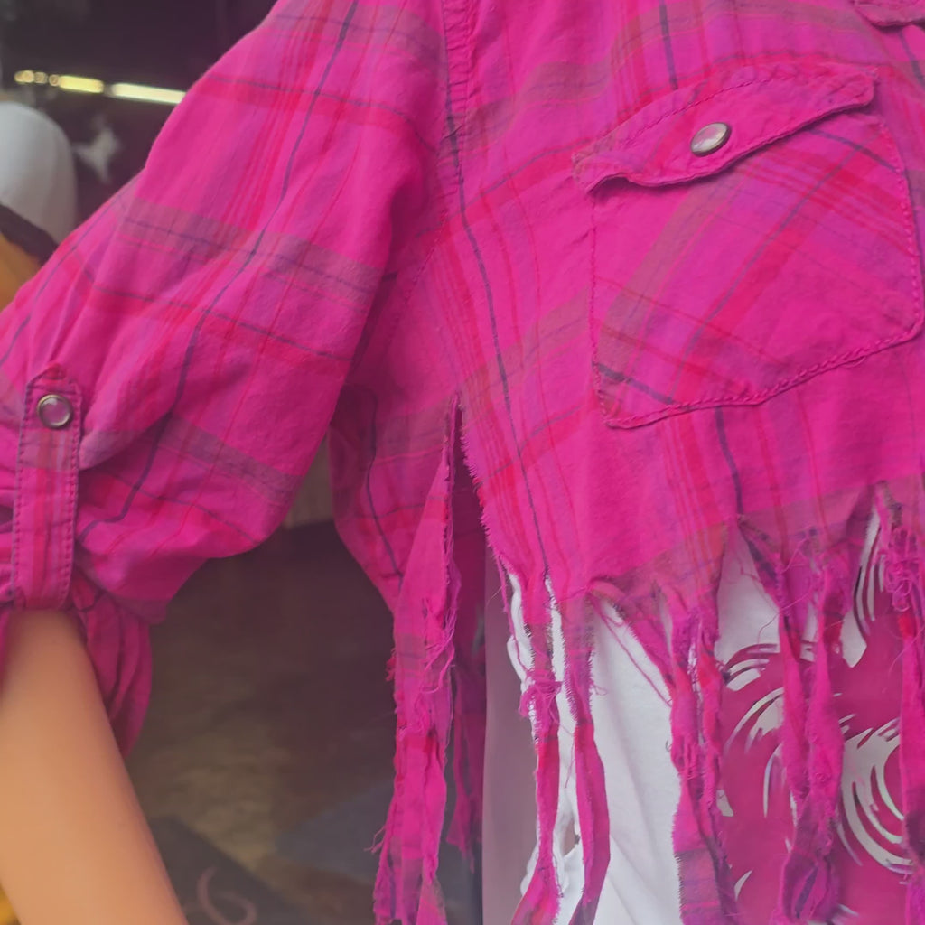 Hot Pink Distressed Plaid Cropped Flannel | One-of-One Upcycled Festival Layering Shirt
