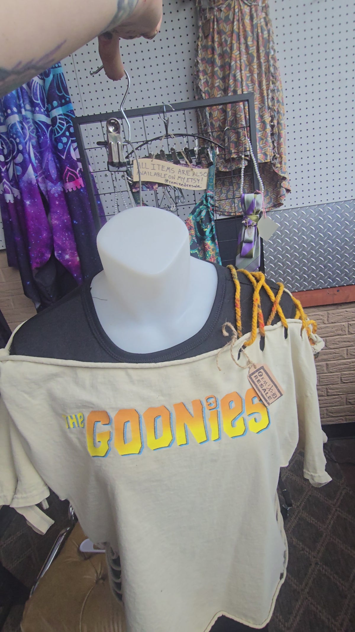 The Goonies Upcycled Off-Shoulder Graphic Tee | One-of-a-Kind Distressed Movie Shirt | Piratecore Grunge Top