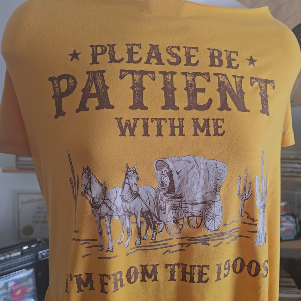 Please Be Patient With Me I'm From the 1900s Fringe Tee | Handmade Upcycled Off-Shoulder Graphic Top | XL–2X
