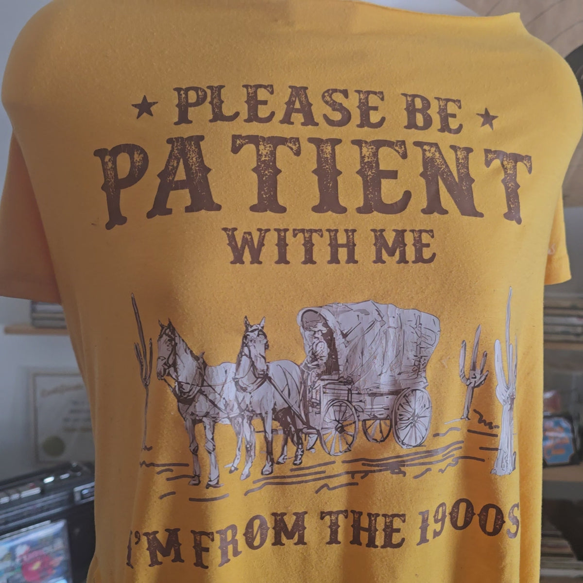 Please Be Patient With Me I'm From the 1900s Fringe Tee | Handmade Upcycled Off-Shoulder Graphic Top | XL–2X