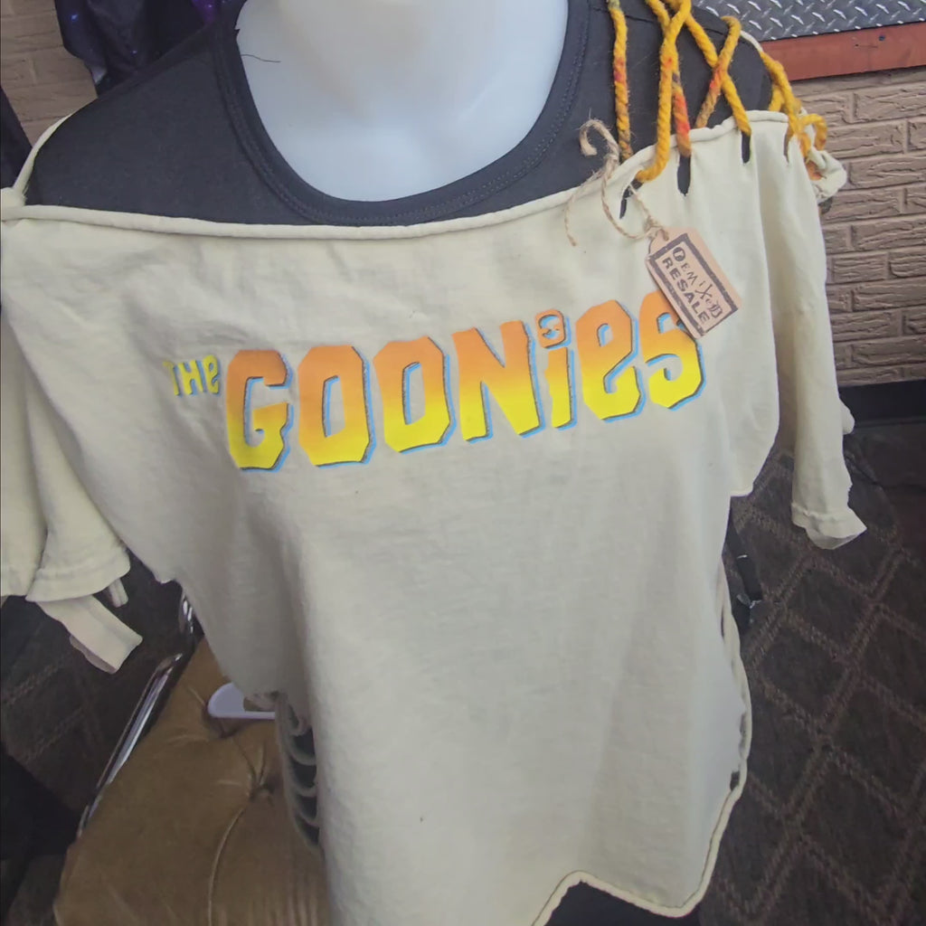 The Goonies Upcycled Off-Shoulder Graphic Tee | One-of-a-Kind Distressed Movie Shirt | Piratecore Grunge Top