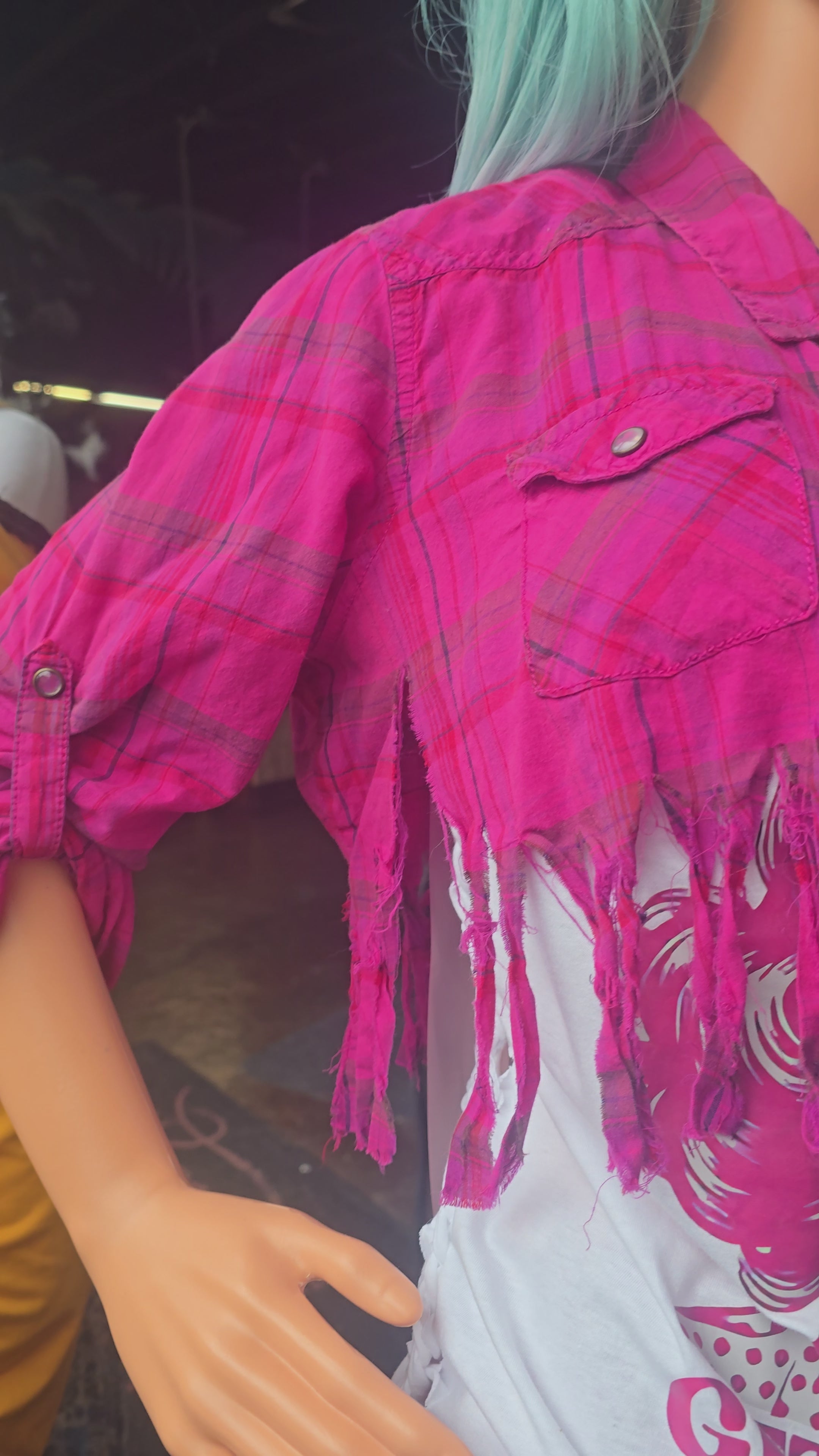 Hot Pink Distressed Plaid Cropped Flannel | One-of-One Upcycled Festival Layering Shirt