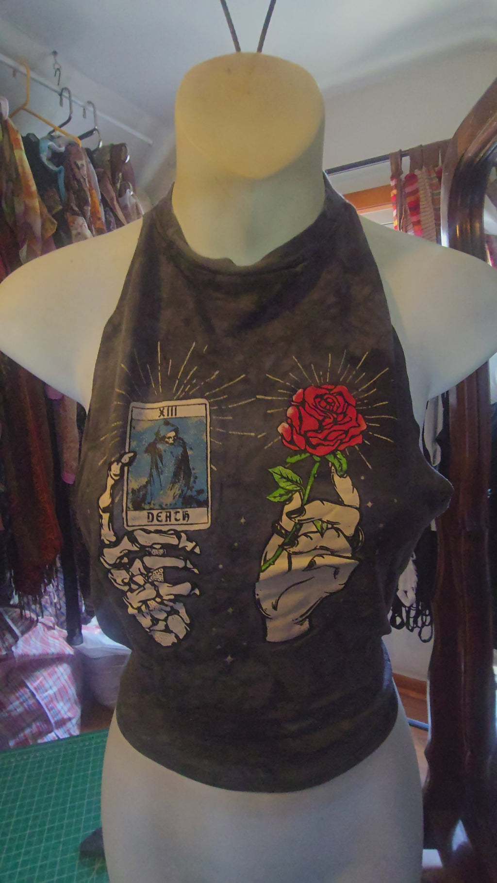 Empyre Death Tarot Halter Top | One-of-a-Kind Reconstructed Graphic Tee | Upcycled Goth Festival Top