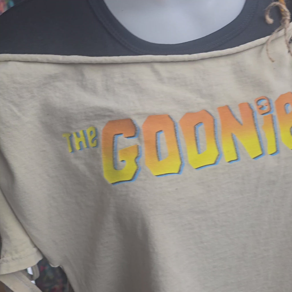 The Goonies Upcycled Off-Shoulder Graphic Tee | One-of-a-Kind Distressed Movie Shirt | Piratecore Grunge Top