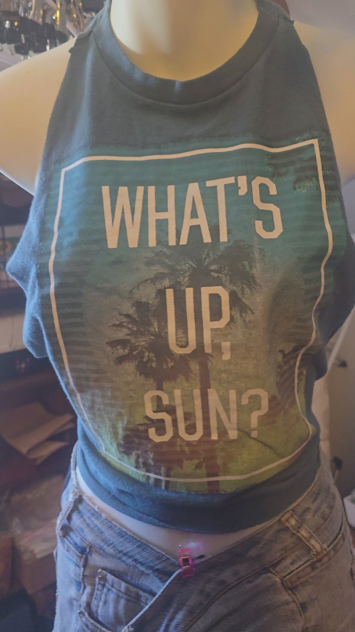 What's Up Sun? Open-Back Halter Tank | One-of-a-Kind Upcycled Graphic Top | Small
