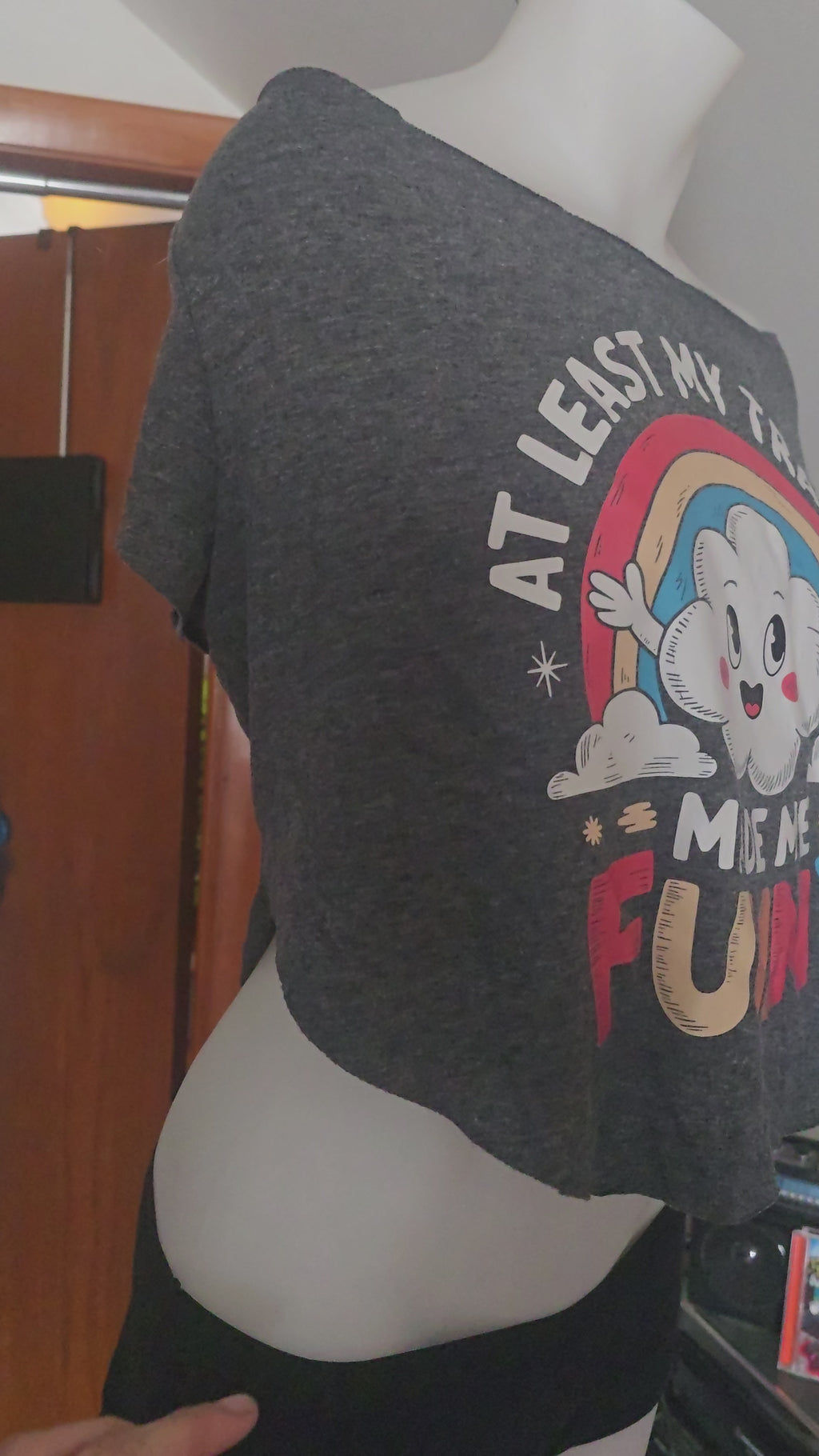 At Least My Trauma Made Me Funny Tee | Upcycled Off-Shoulder Cropped Graphic Shirt | XL