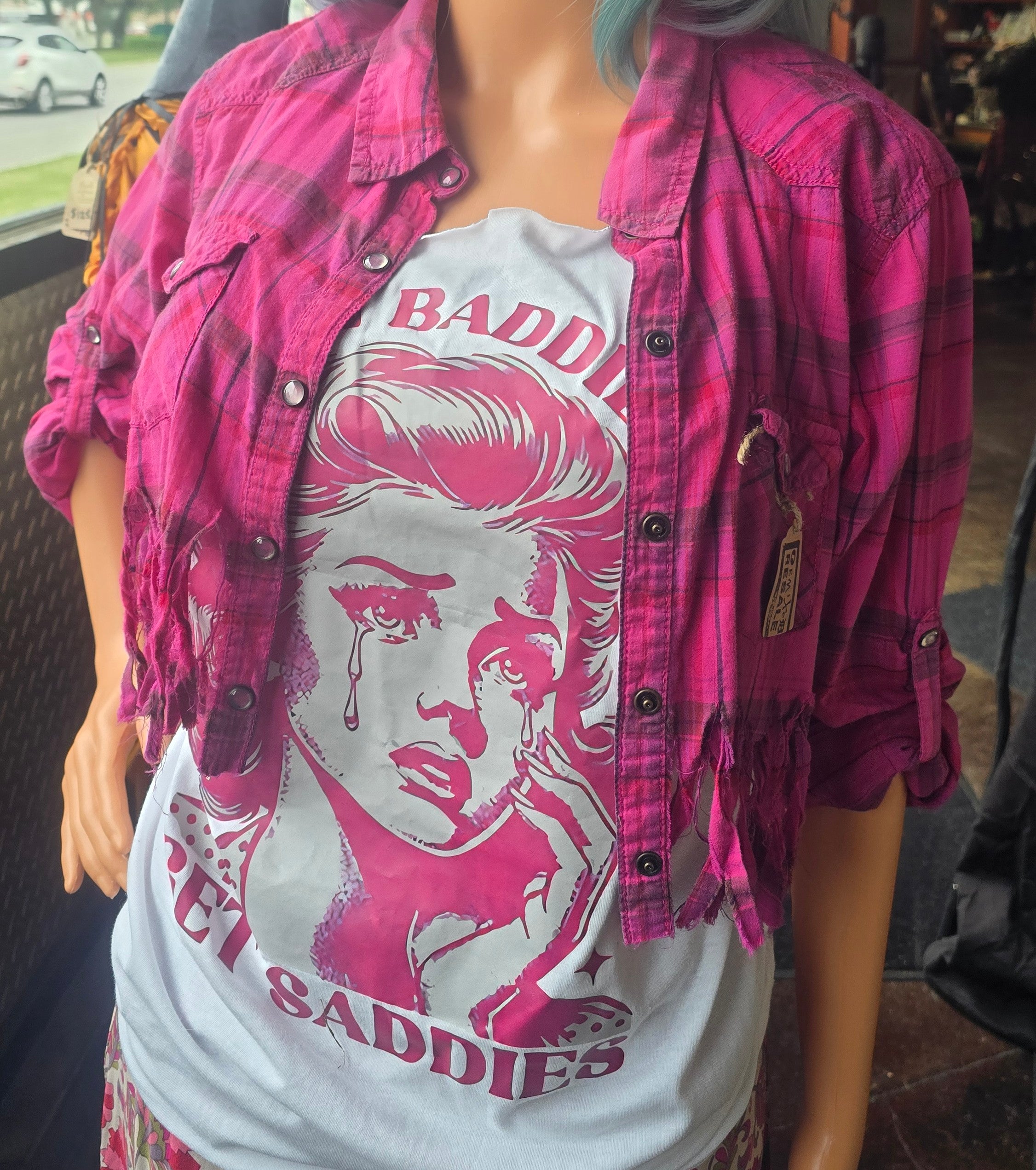 Hot Pink Distressed Plaid Cropped Flannel | One-of-One Upcycled Festival Layering Shirt