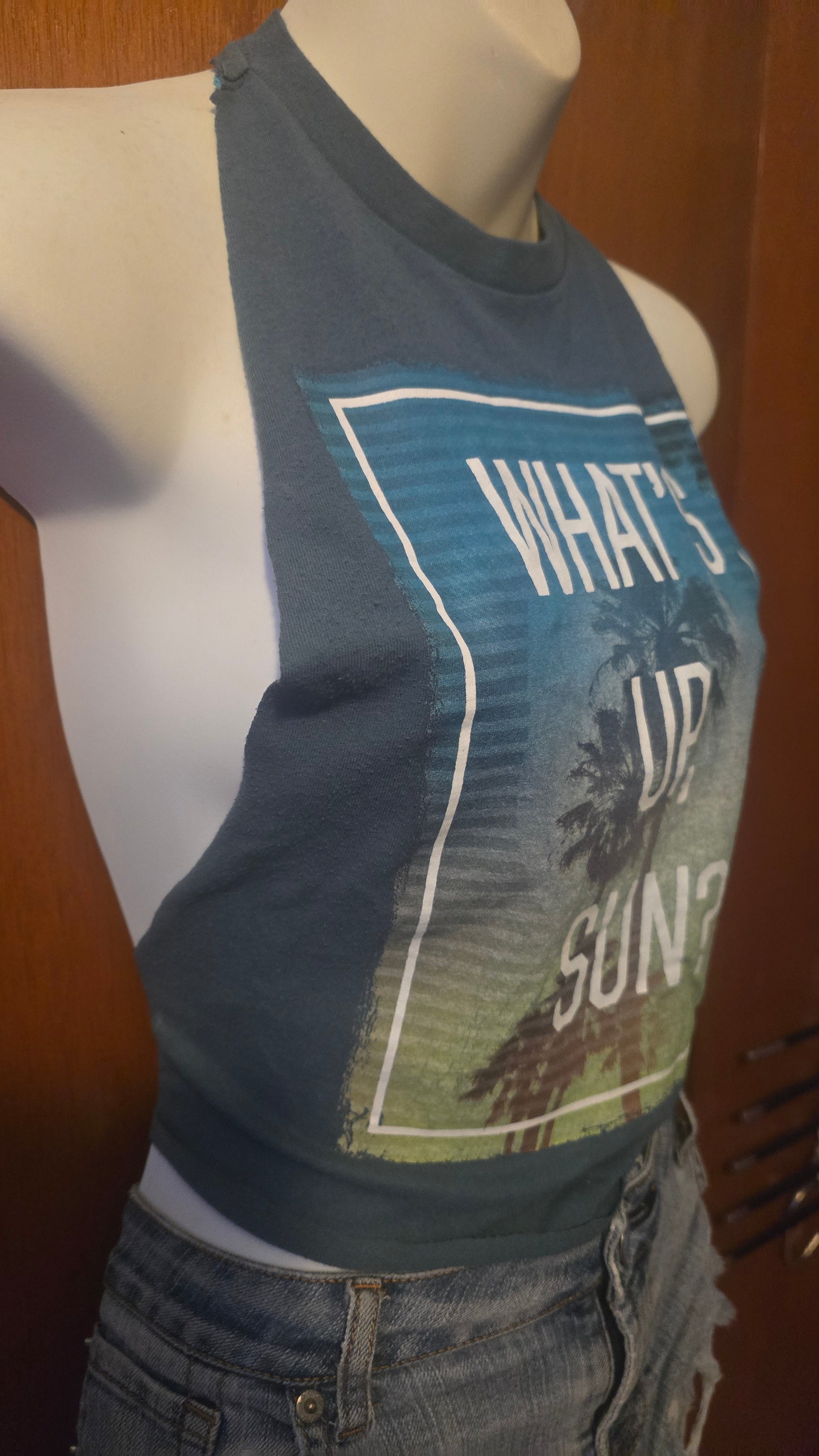 What's Up Sun? Open-Back Halter Tank | One-of-a-Kind Upcycled Graphic Top | Small