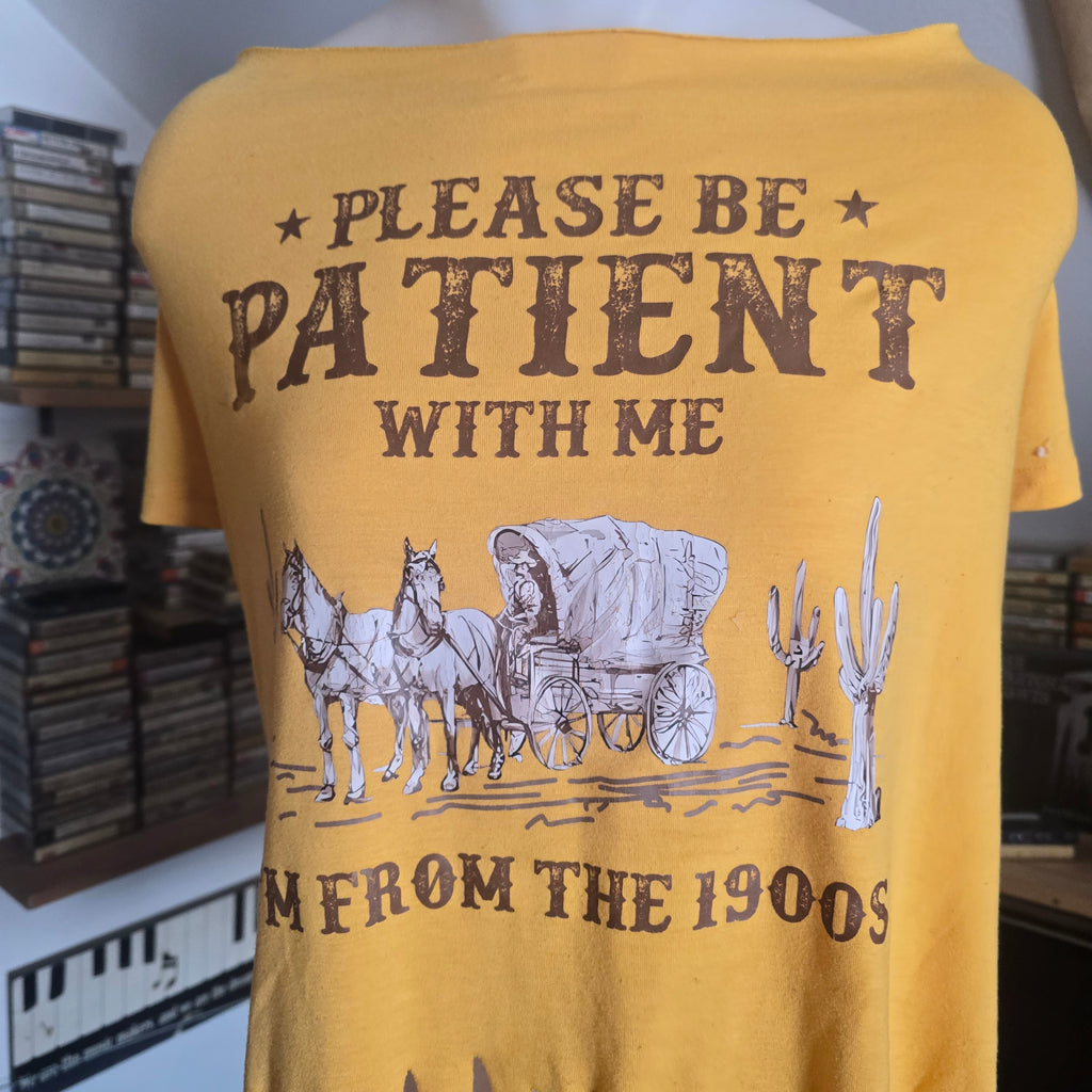Please Be Patient With Me I'm From the 1900s Fringe Tee | Handmade Upcycled Off-Shoulder Graphic Top | XL–2X