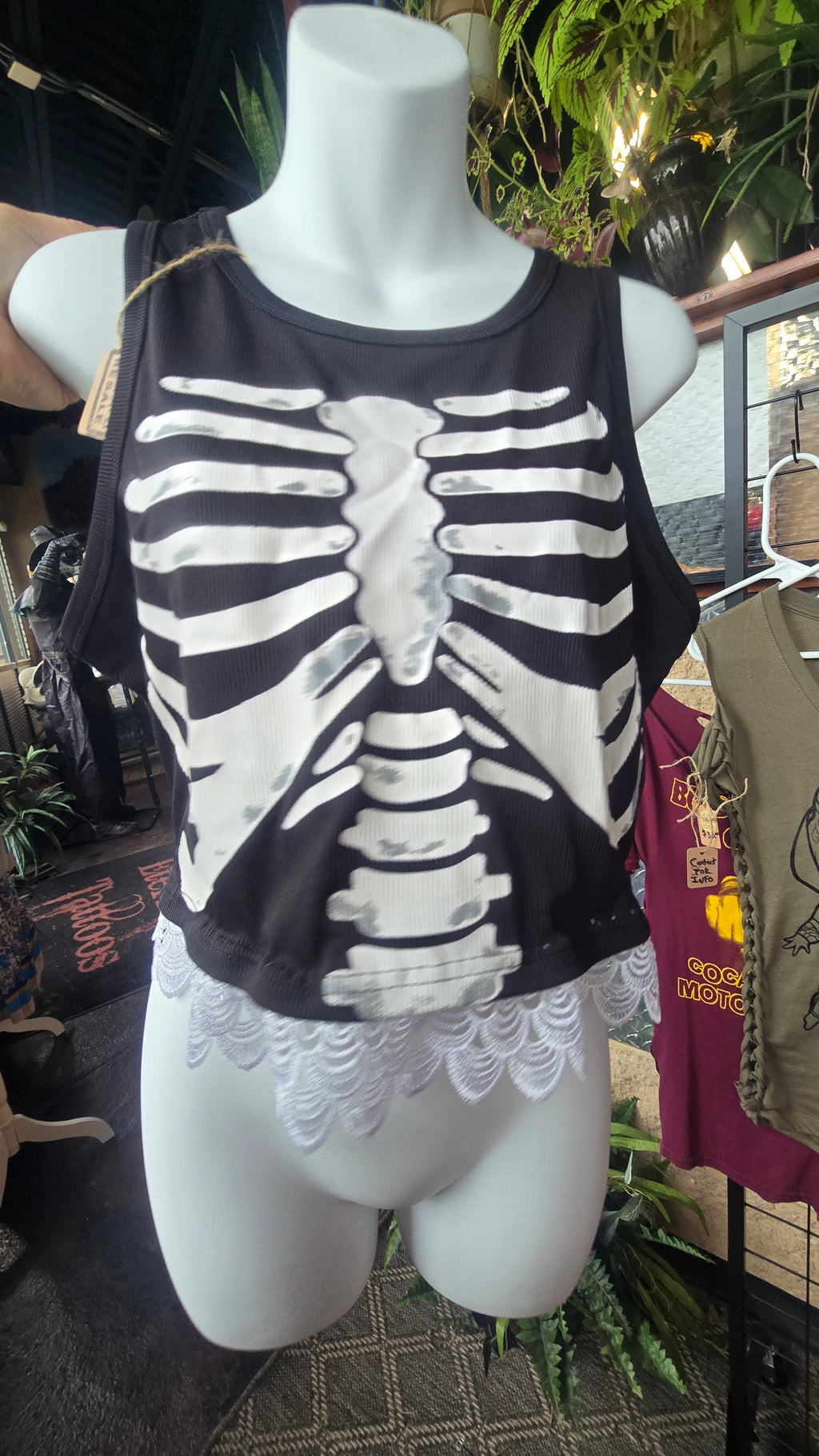 Skeleton Rib Cage Lace Hem Tank Top | Goth Y2K Alternative Crop Tank | Halloween Graphic Top