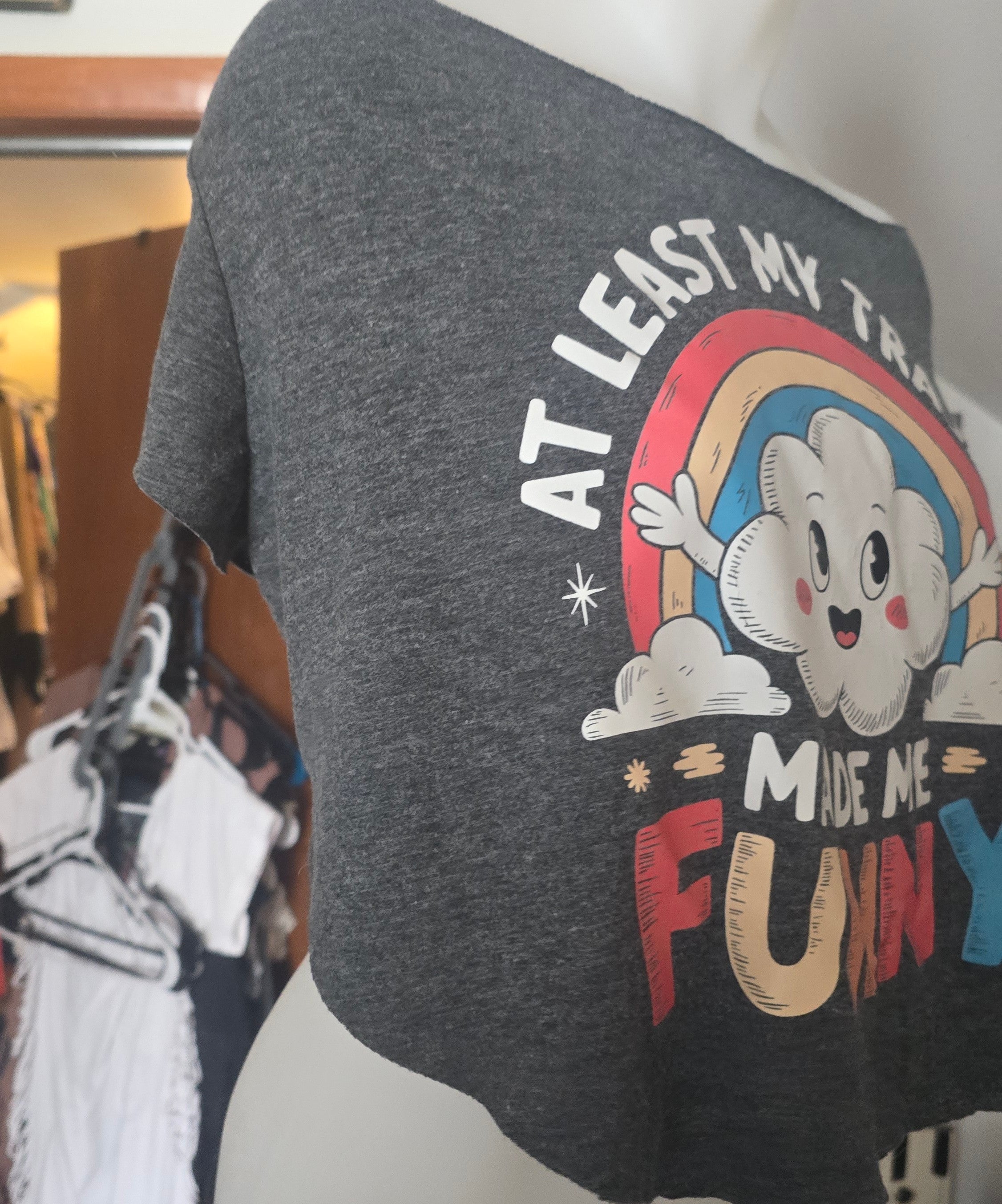 At Least My Trauma Made Me Funny Tee | Upcycled Off-Shoulder Cropped Graphic Shirt | XL