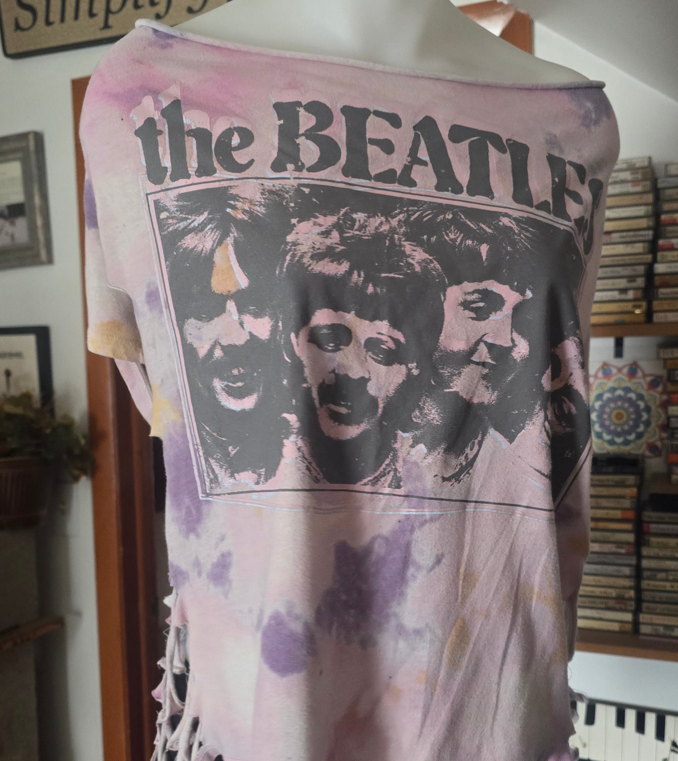 One-of-One Beatles Tie-Dye Band Tee | Upcycled Off-Shoulder Graphic Shirt | XL