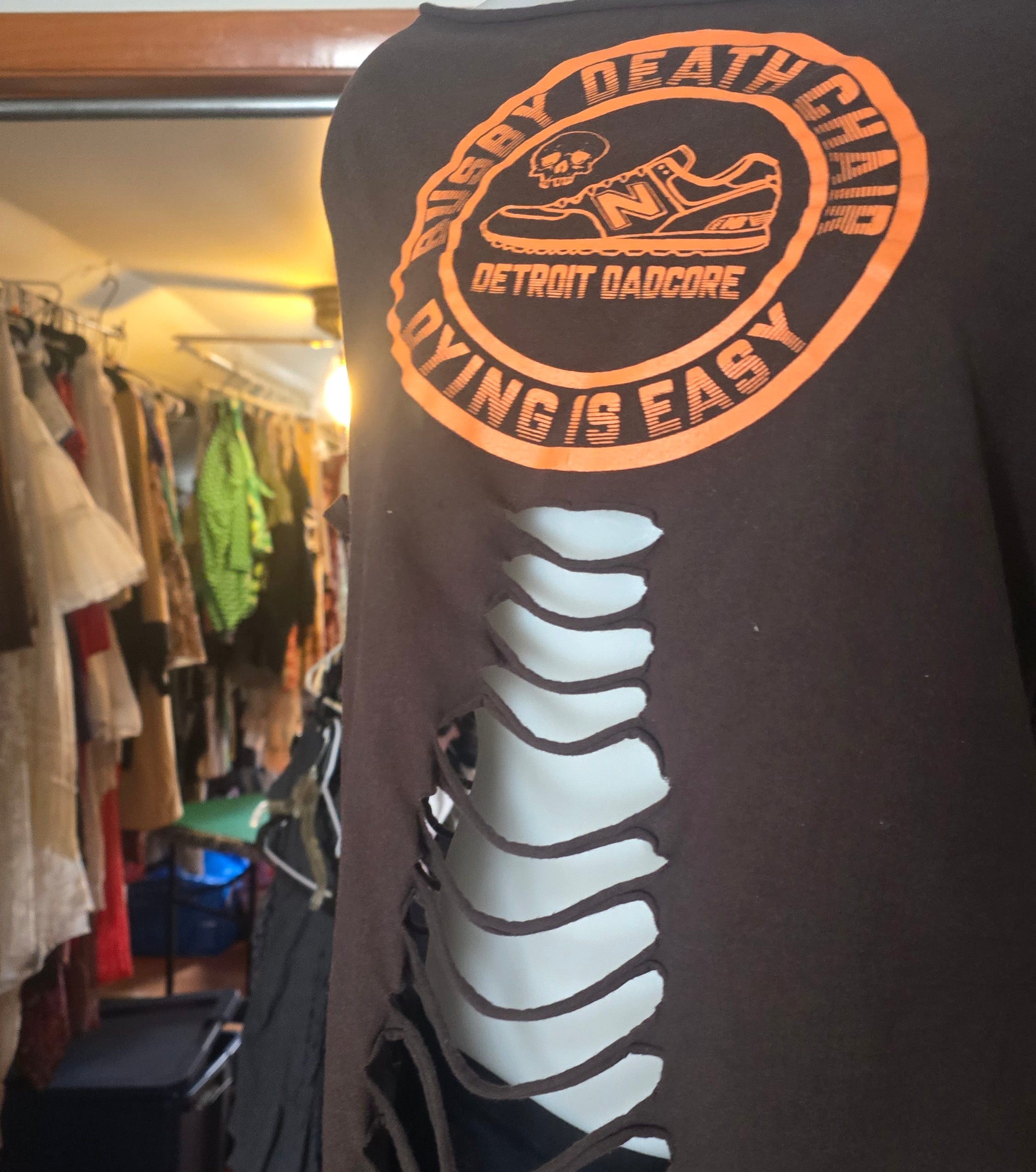 One-of-One Busy Death Chair "Detroit Dadcore" Tee | Upcycled Shredded Punk Graphic Top | XL–2X
