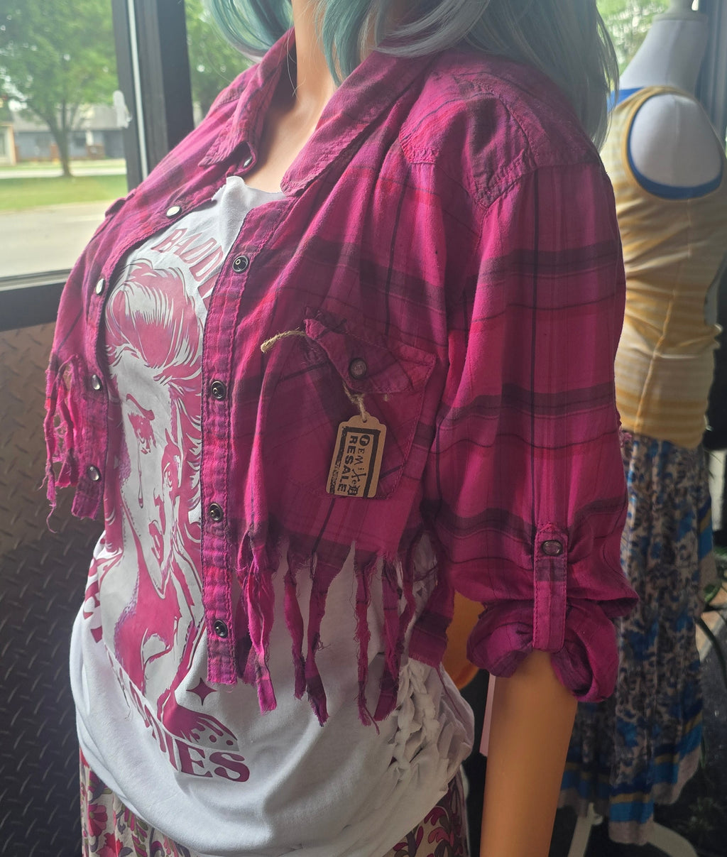 Hot Pink Distressed Plaid Cropped Flannel | One-of-One Upcycled Festival Layering Shirt