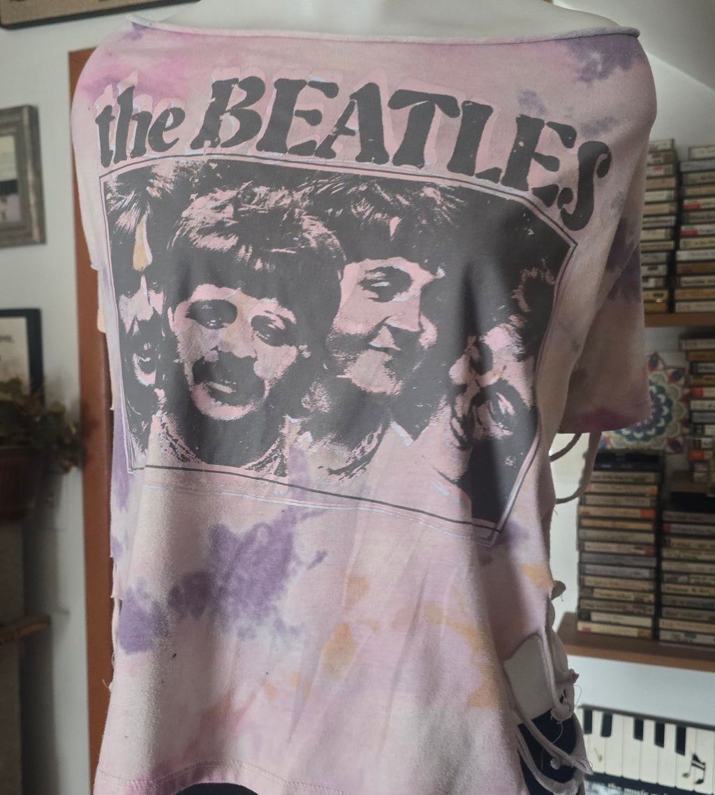 One-of-One Beatles Tie-Dye Band Tee | Upcycled Off-Shoulder Graphic Shirt | XL