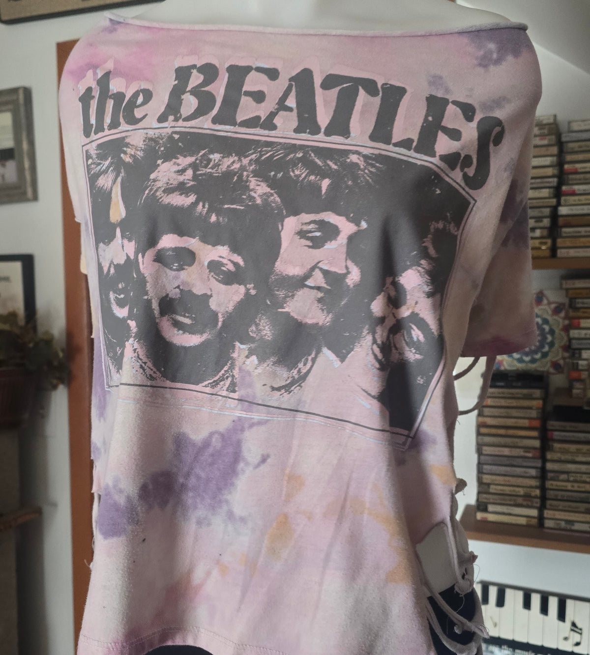 One-of-One Beatles Tie-Dye Band Tee | Upcycled Off-Shoulder Graphic Shirt | XL