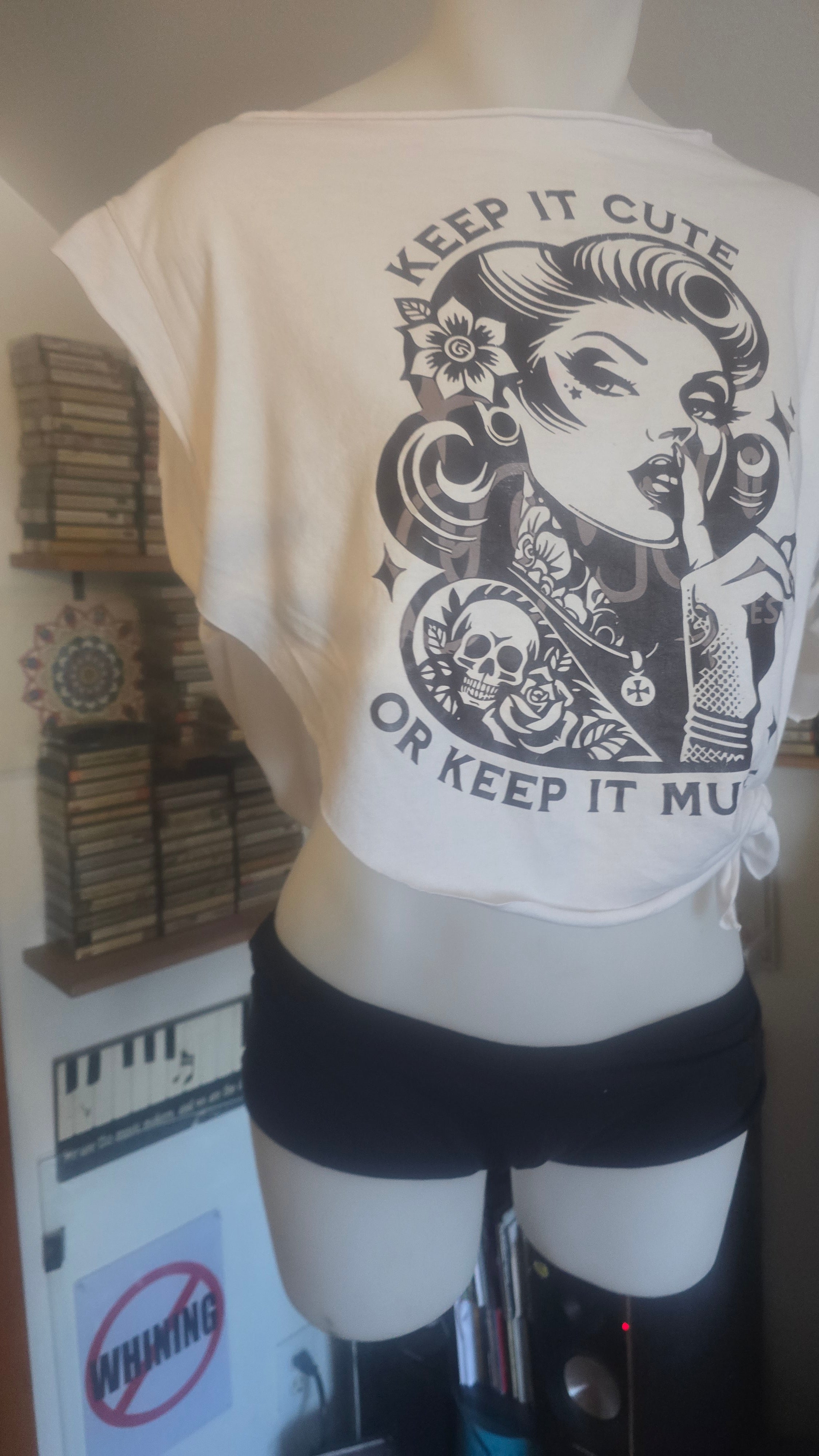 SOLD** Keep It Cute or Keep It Mute Tattoo Pin-Up Crop Tee | Handmade Upcycled Off-Shoulder Rockabilly Top | One-of-One