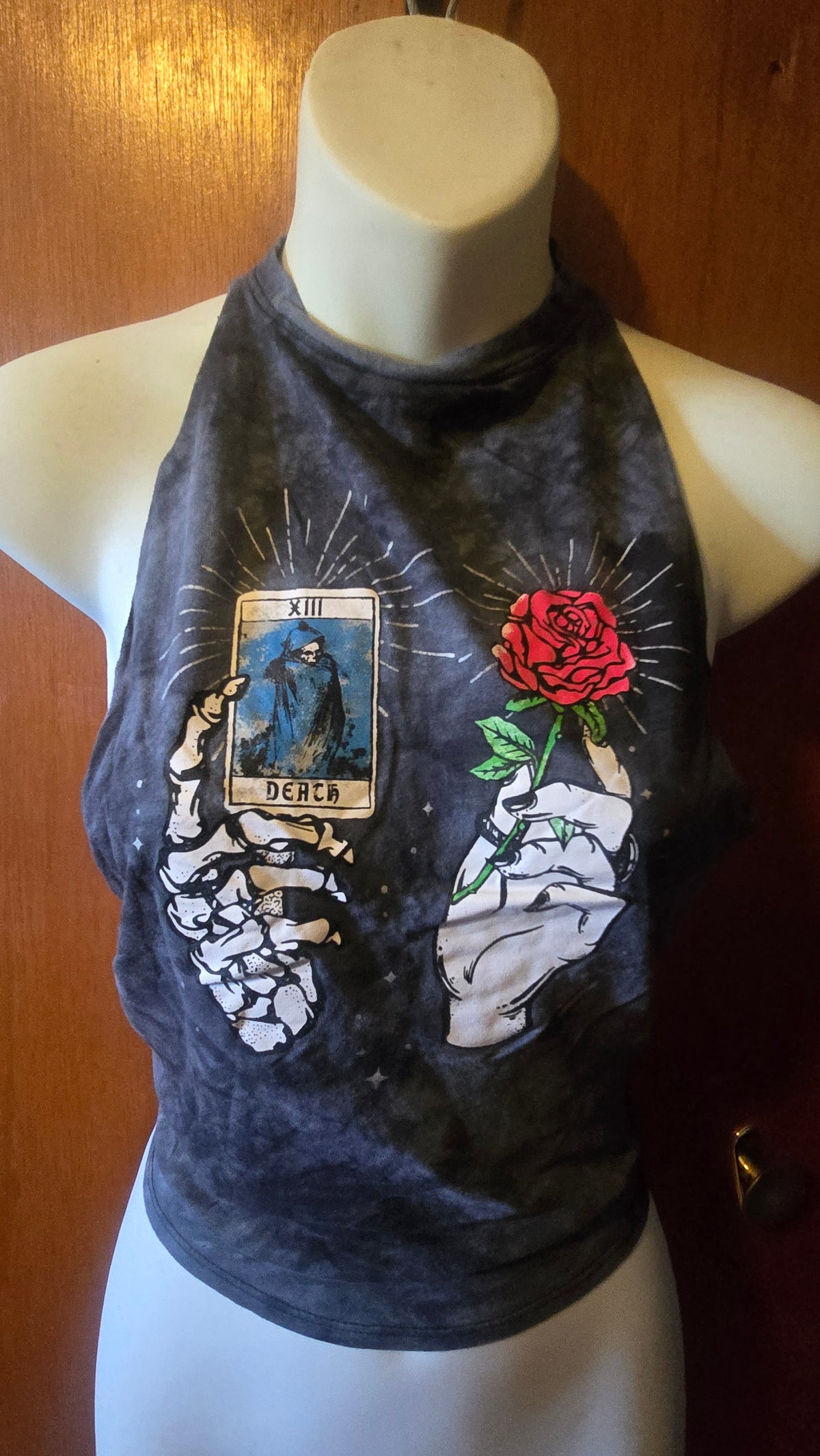 Empyre Death Tarot Halter Top | One-of-a-Kind Reconstructed Graphic Tee | Upcycled Goth Festival Top