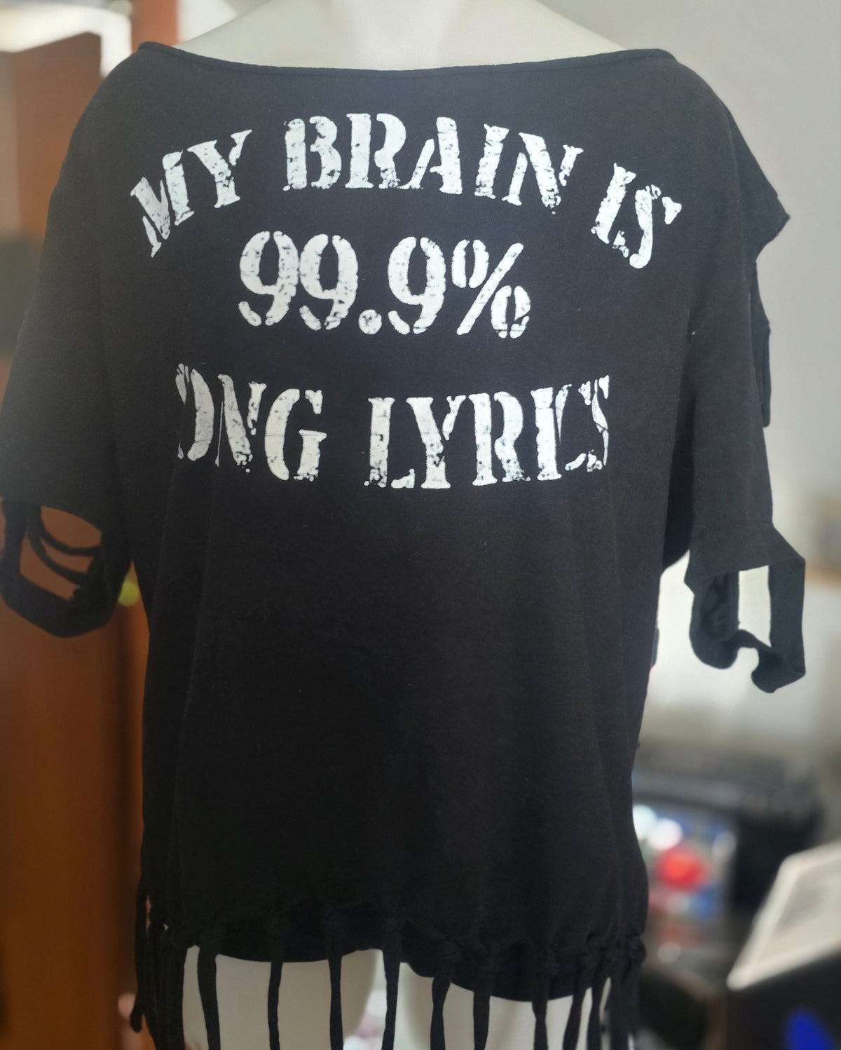 One-of-One "My Brain Is 99.9% Song Lyrics" Upcycled Fringe Tee | Shredded Alternative Graphic Top | XL–2X