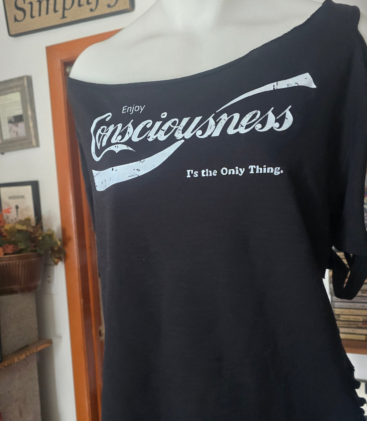 Enjoy Consciousness Tee | Upcycled Off-Shoulder Philosophy Graphic Shirt | XL–2X