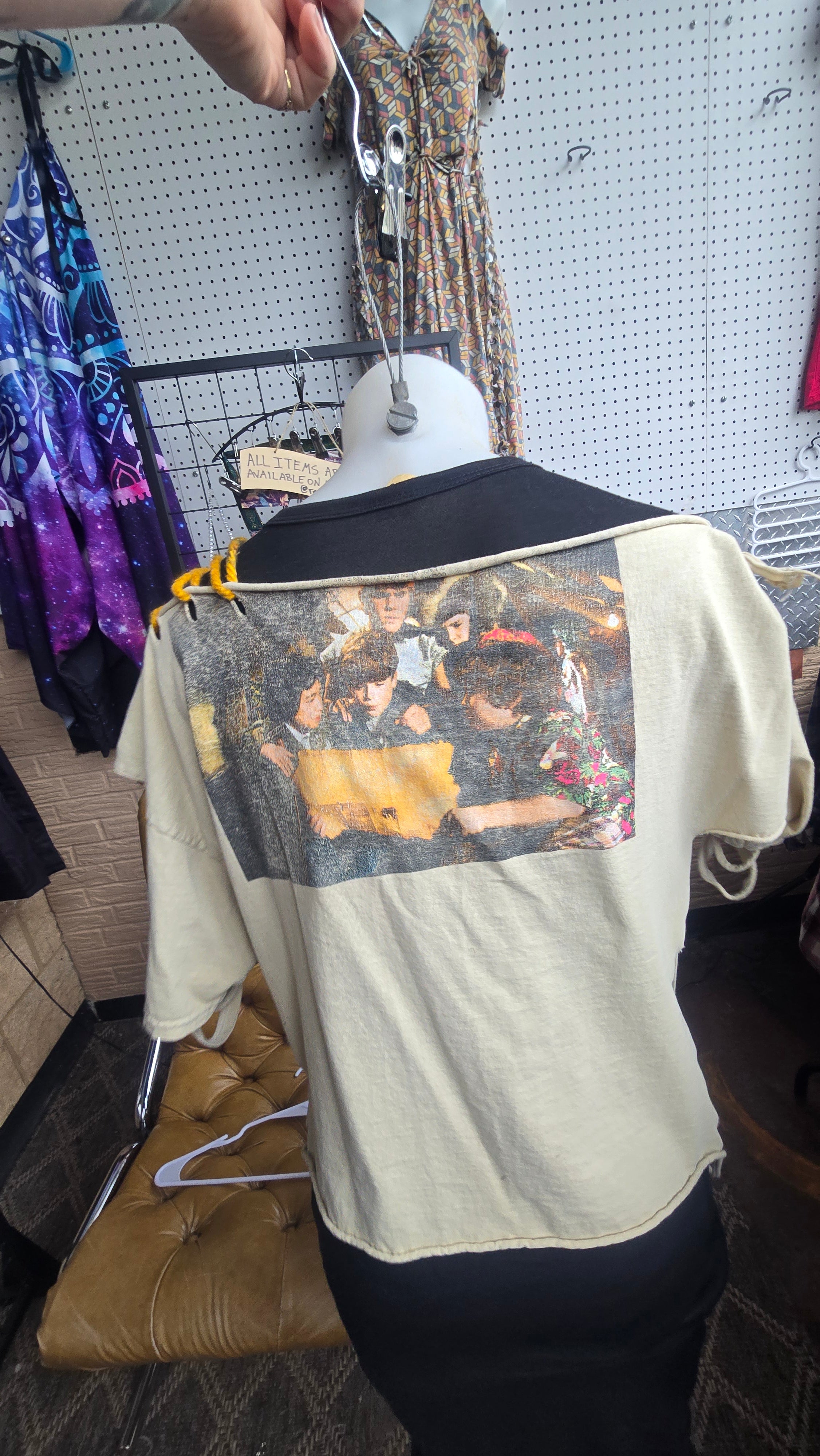 The Goonies Upcycled Off-Shoulder Graphic Tee | One-of-a-Kind Distressed Movie Shirt | Piratecore Grunge Top