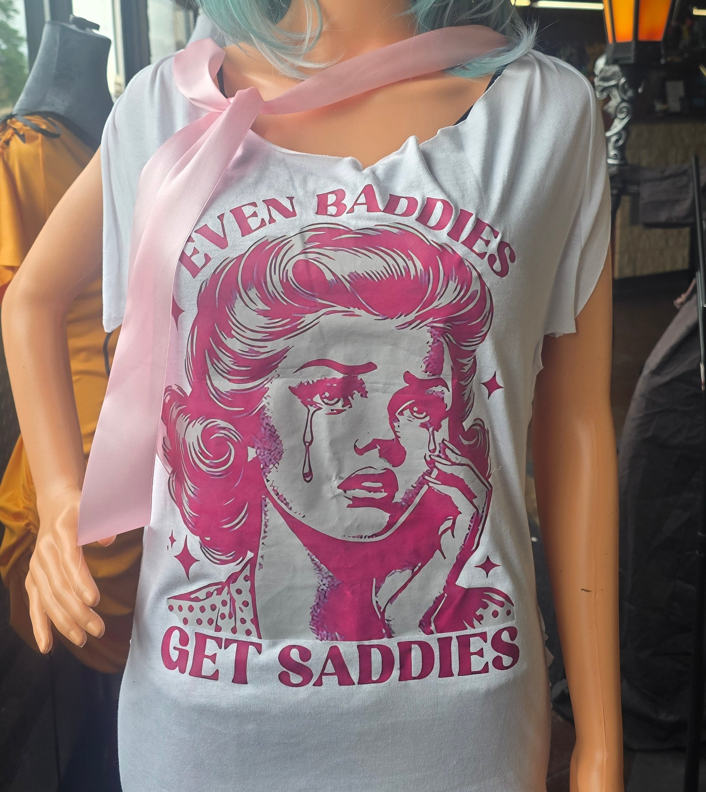 Even Baddies Get Saddies Reconstructed Graphic Tee | One-of-One Handmade Pink Alternative Top