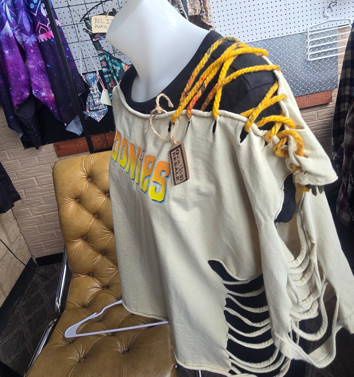 The Goonies Upcycled Off-Shoulder Graphic Tee | One-of-a-Kind Distressed Movie Shirt | Piratecore Grunge Top