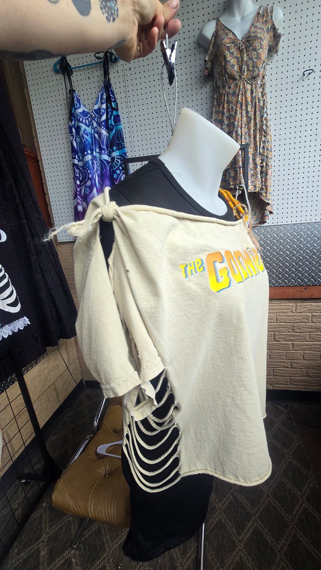 The Goonies Upcycled Off-Shoulder Graphic Tee | One-of-a-Kind Distressed Movie Shirt | Piratecore Grunge Top