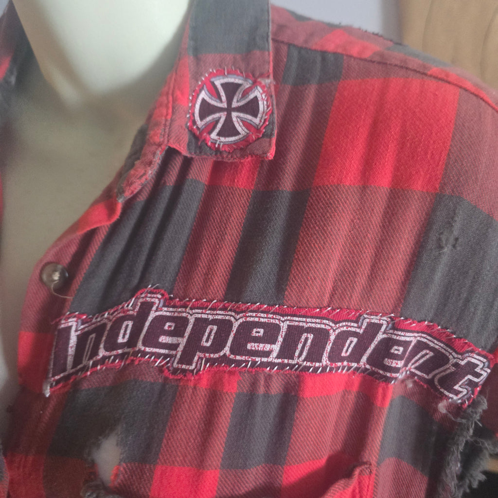 One-of-One Punk Patchwork Flannel Vest | Handmade Upcycled Sleeveless Buffalo Plaid Shirt | Oversized Unisex