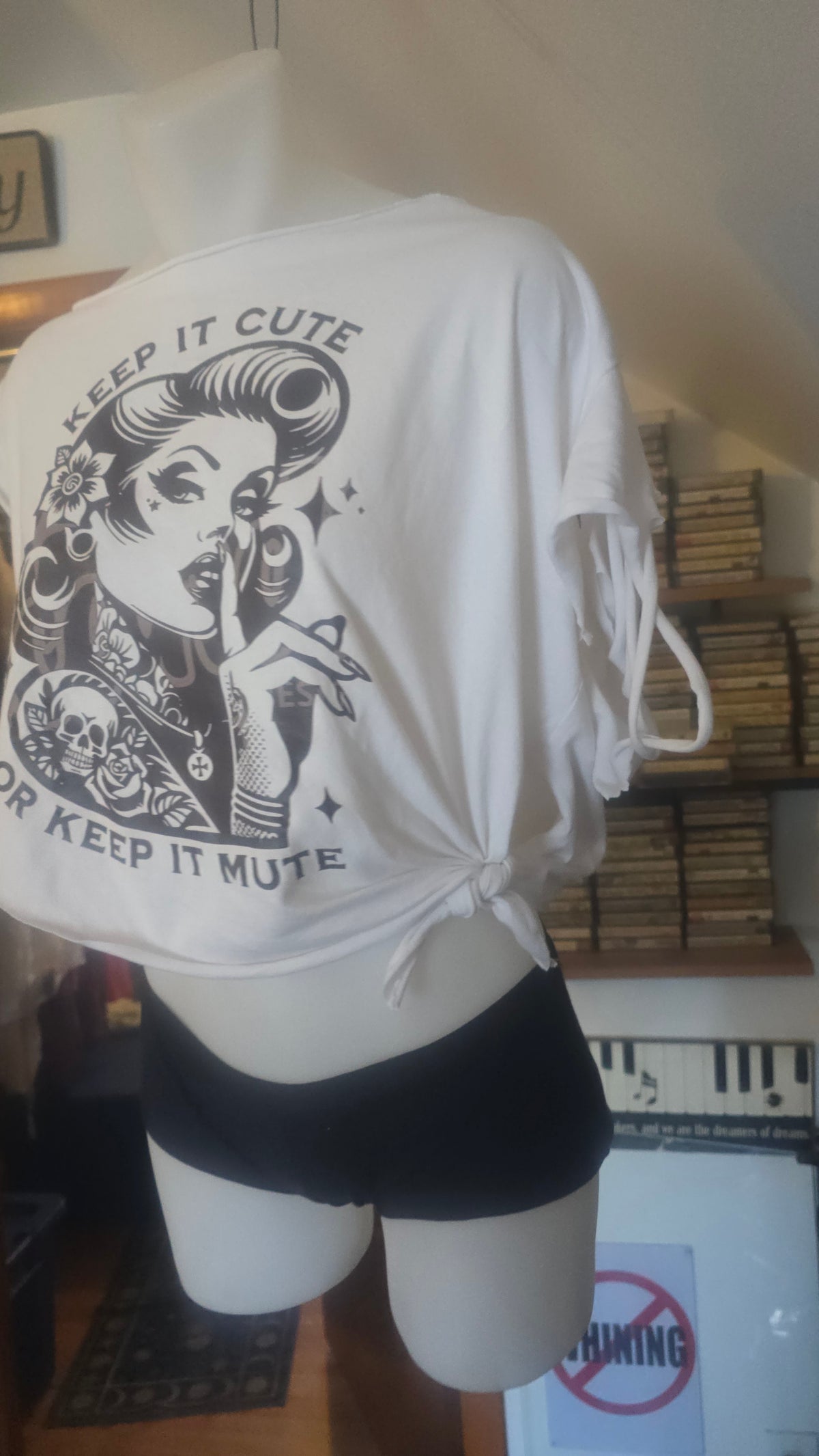 SOLD** Keep It Cute or Keep It Mute Tattoo Pin-Up Crop Tee | Handmade Upcycled Off-Shoulder Rockabilly Top | One-of-One