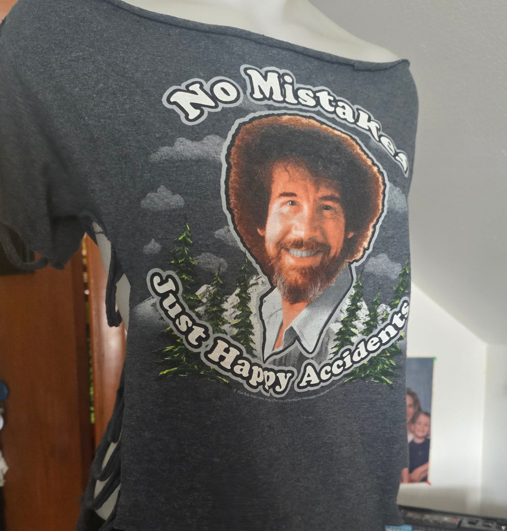 One-of-One Bob Ross "No Mistakes, Just Happy Accidents" Tee | Upcycled Off-Shoulder Graphic Top | XL–2X