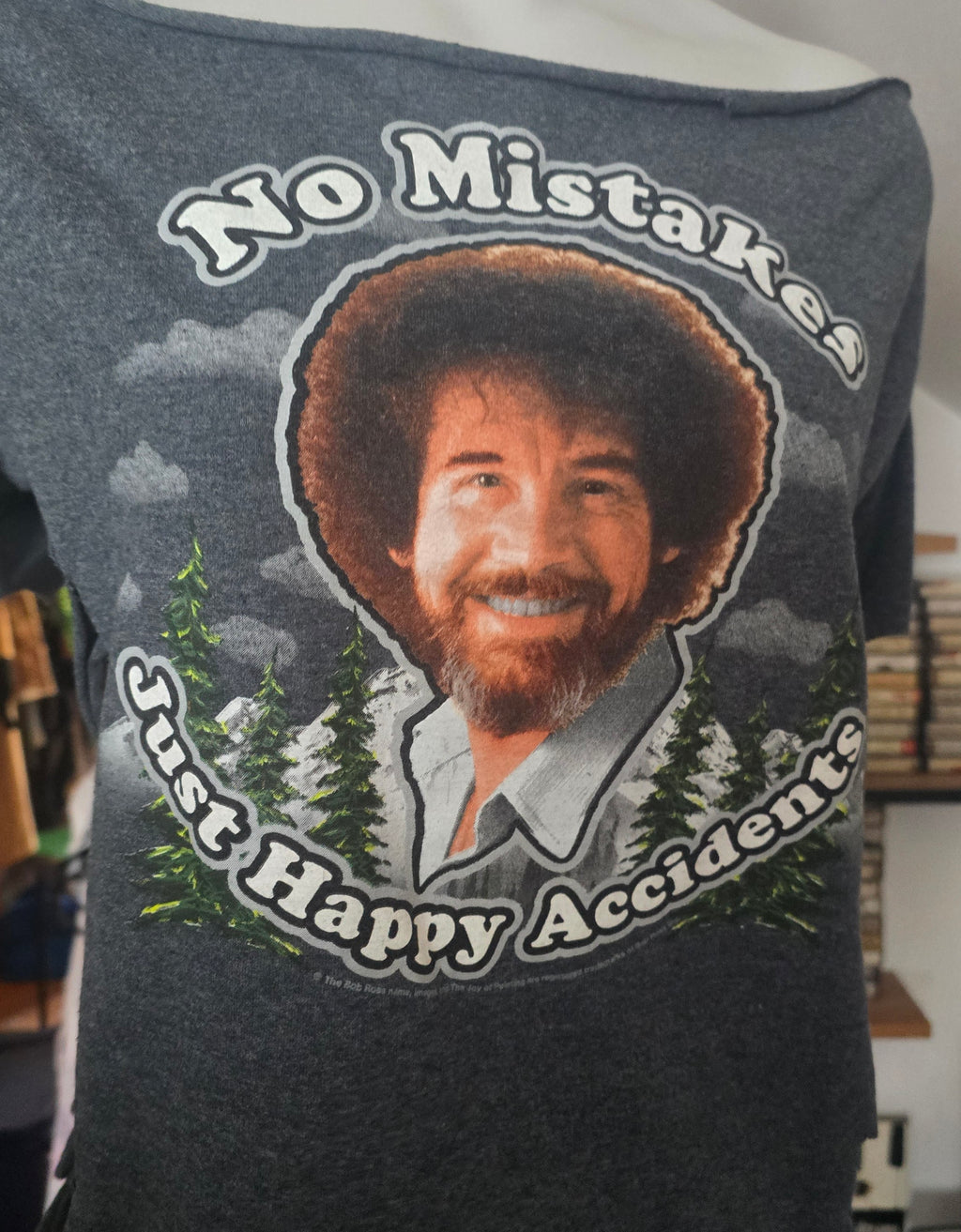 One-of-One Bob Ross "No Mistakes, Just Happy Accidents" Tee | Upcycled Off-Shoulder Graphic Top | XL–2X