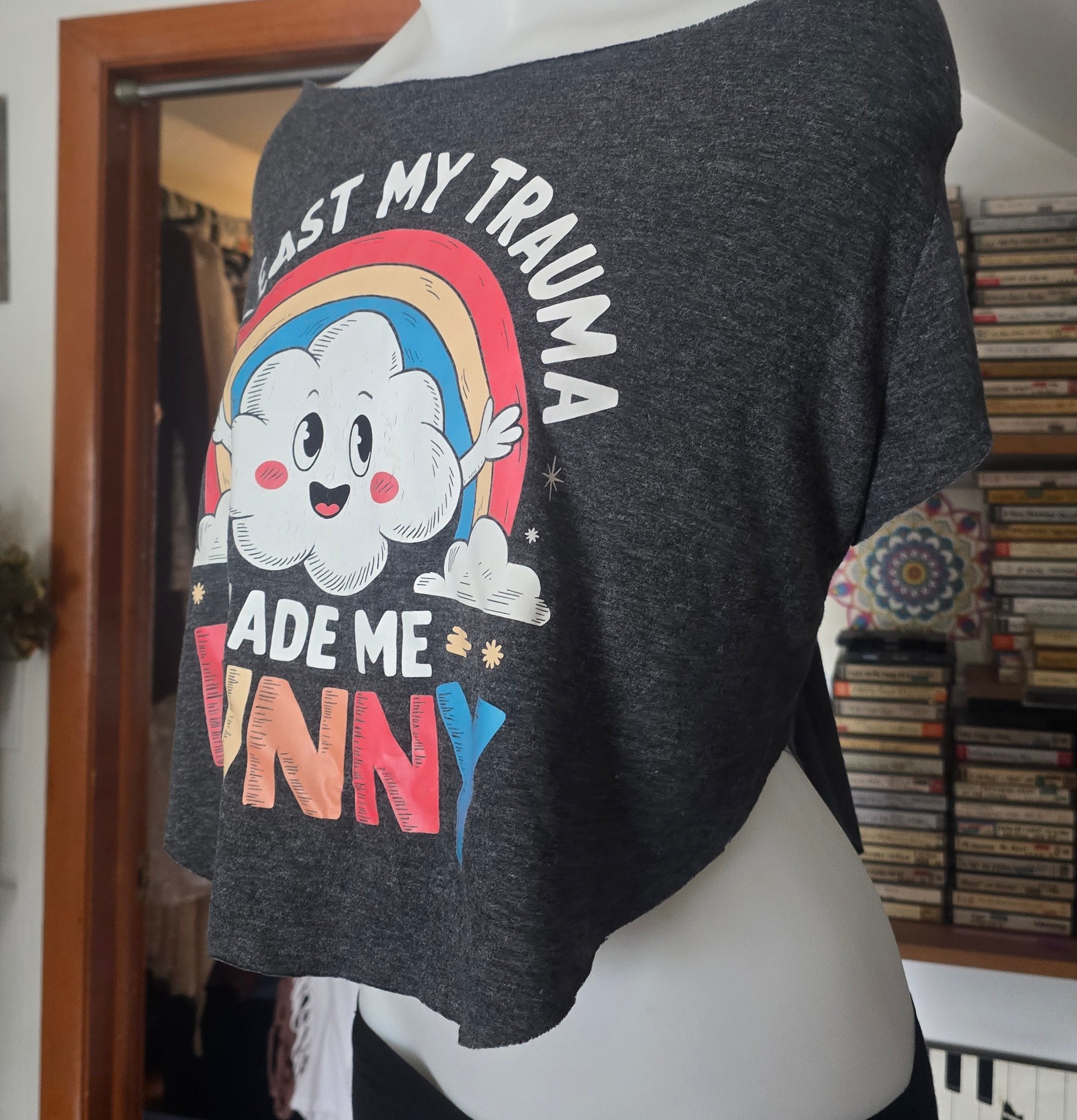 At Least My Trauma Made Me Funny Tee | Upcycled Off-Shoulder Cropped Graphic Shirt | XL