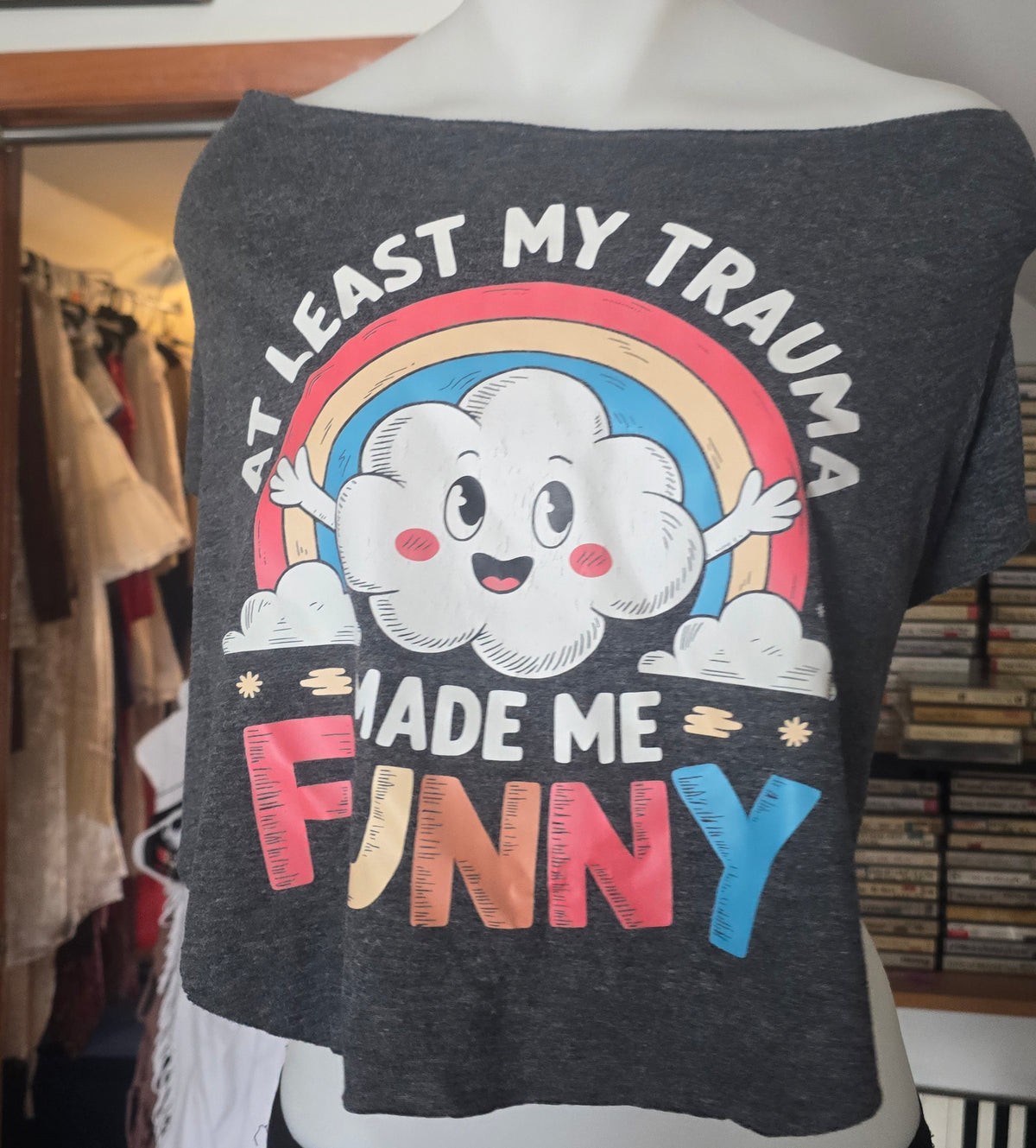 At Least My Trauma Made Me Funny Tee | Upcycled Off-Shoulder Cropped Graphic Shirt | XL