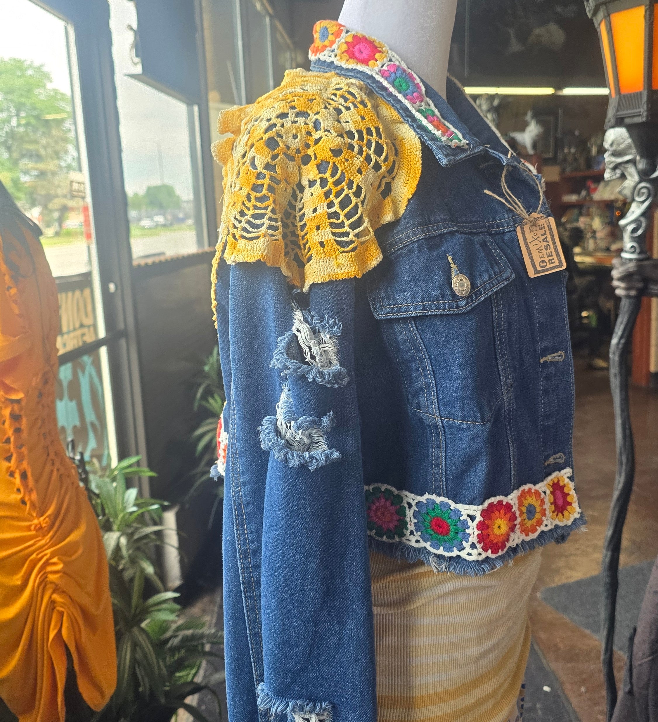 SOLD!!! One-of-One Upcycled Crochet Denim Jacket | Handmade Boho Festival Jacket | XL–2X