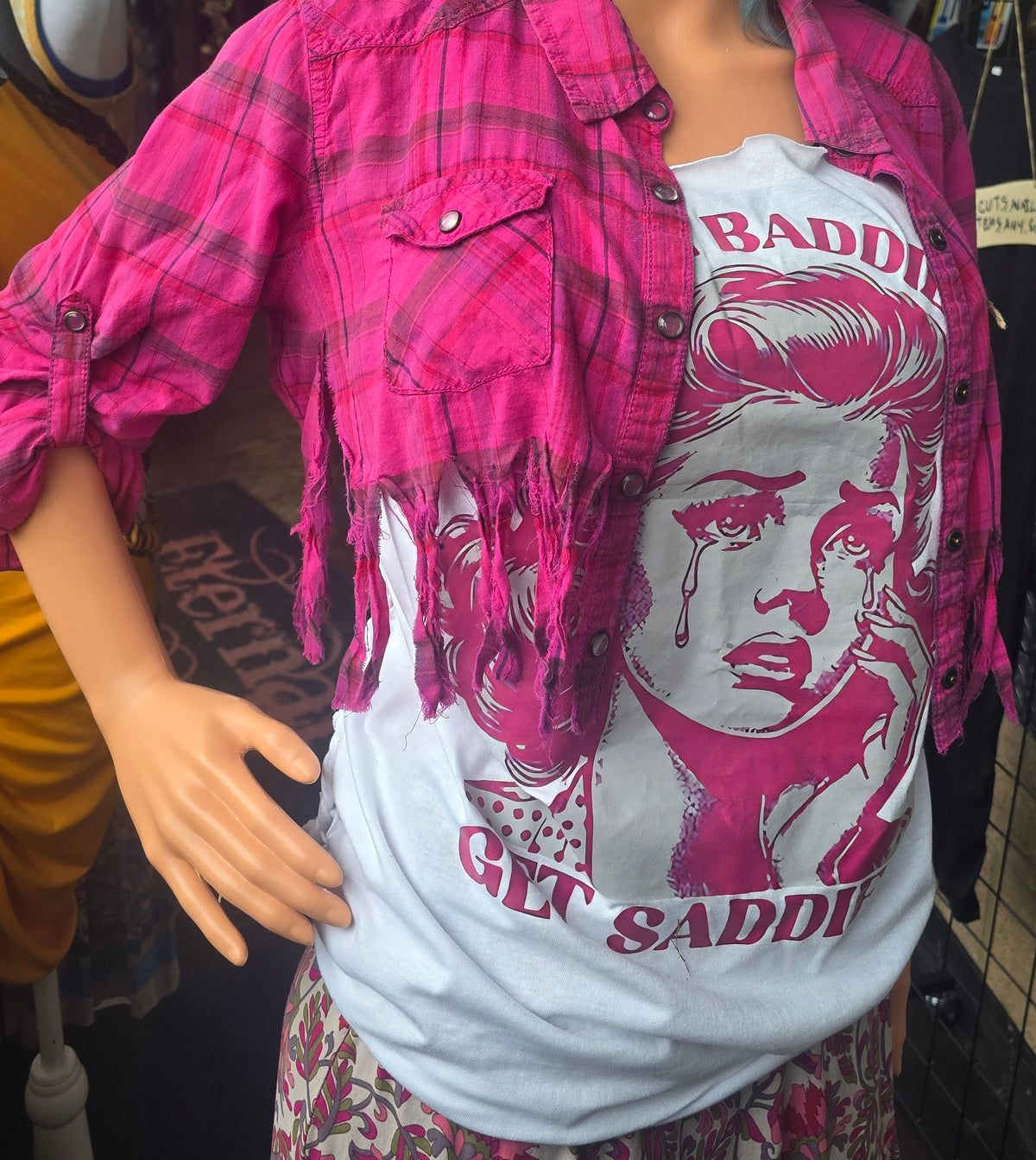 Hot Pink Distressed Plaid Cropped Flannel | One-of-One Upcycled Festival Layering Shirt