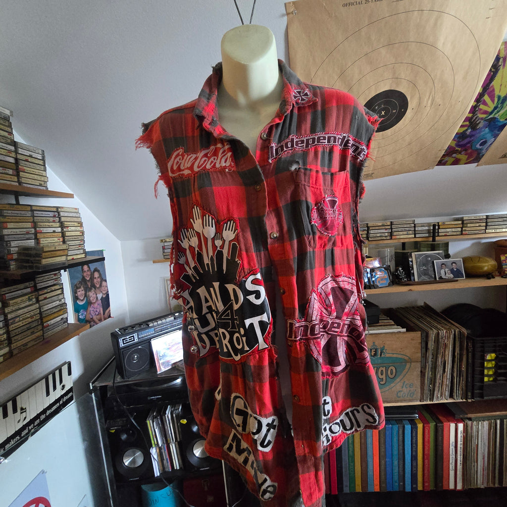 One-of-One Punk Patchwork Flannel Vest | Handmade Upcycled Sleeveless Buffalo Plaid Shirt | Oversized Unisex