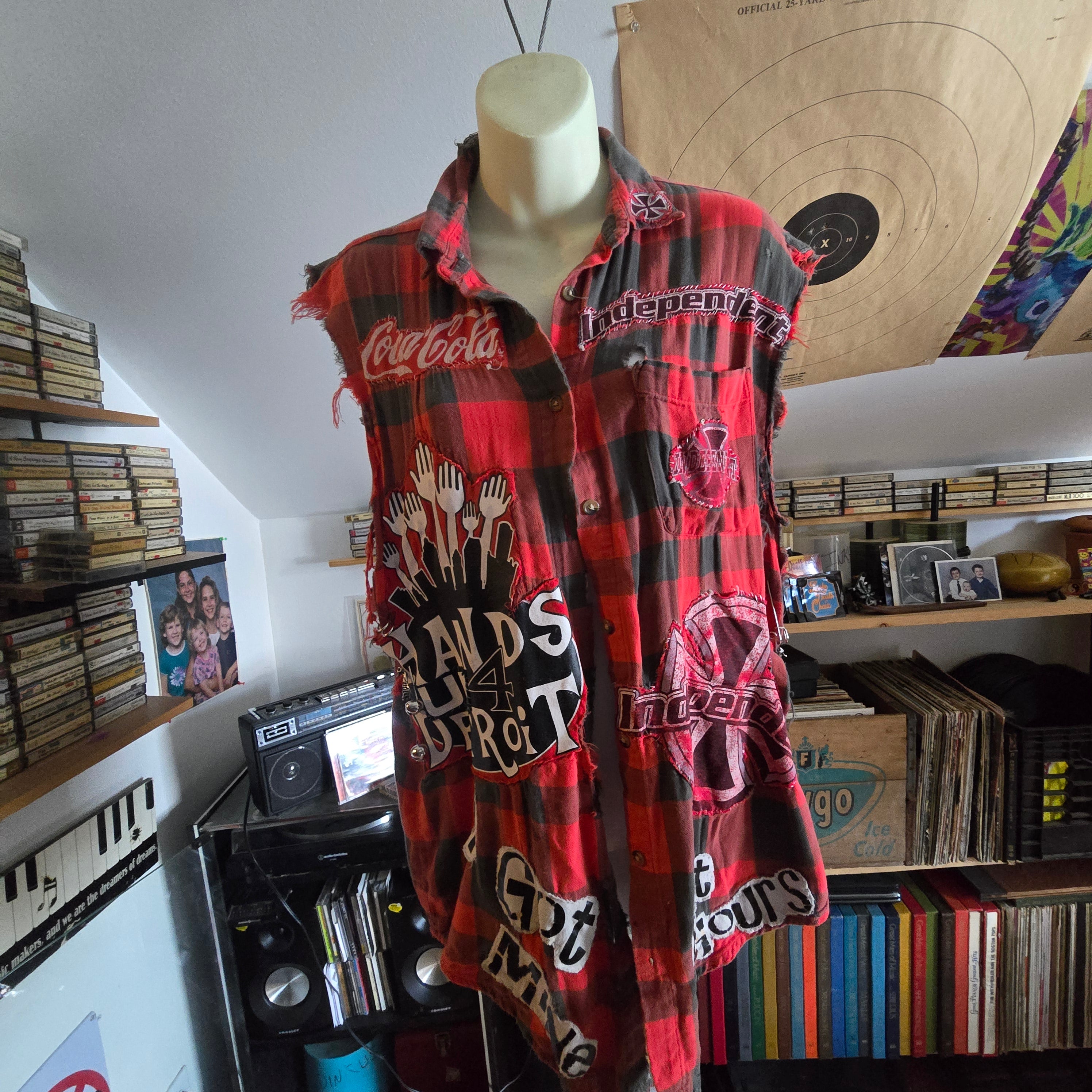 One-of-One Punk Patchwork Flannel Vest | Handmade Upcycled Sleeveless Buffalo Plaid Shirt | Oversized Unisex