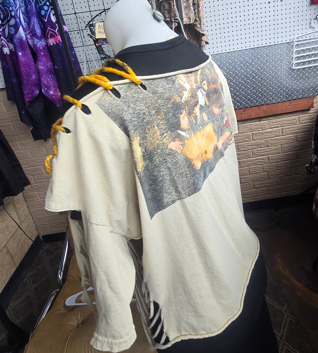 The Goonies Upcycled Off-Shoulder Graphic Tee | One-of-a-Kind Distressed Movie Shirt | Piratecore Grunge Top