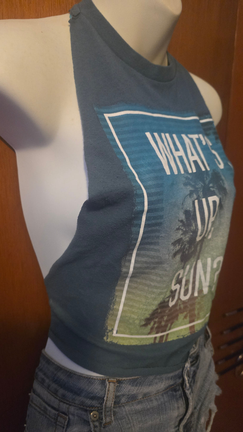 What's Up Sun? Open-Back Halter Tank | One-of-a-Kind Upcycled Graphic Top | Small