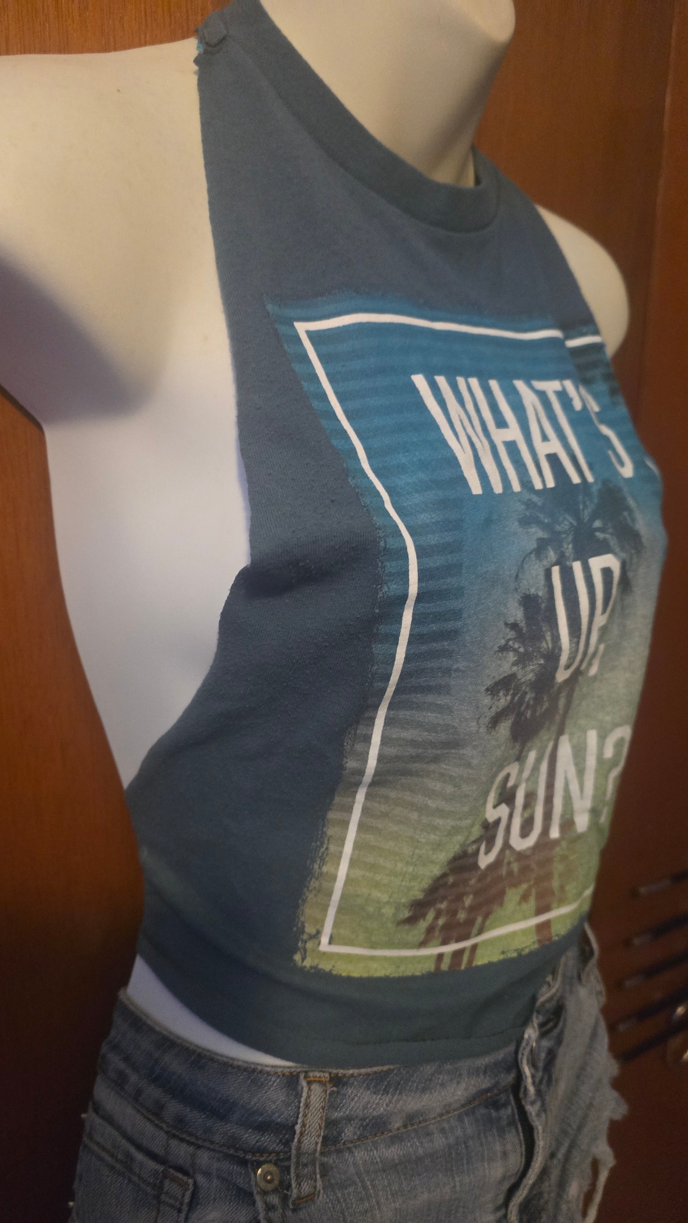 What's Up Sun? Open-Back Halter Tank | One-of-a-Kind Upcycled Graphic Top | Small