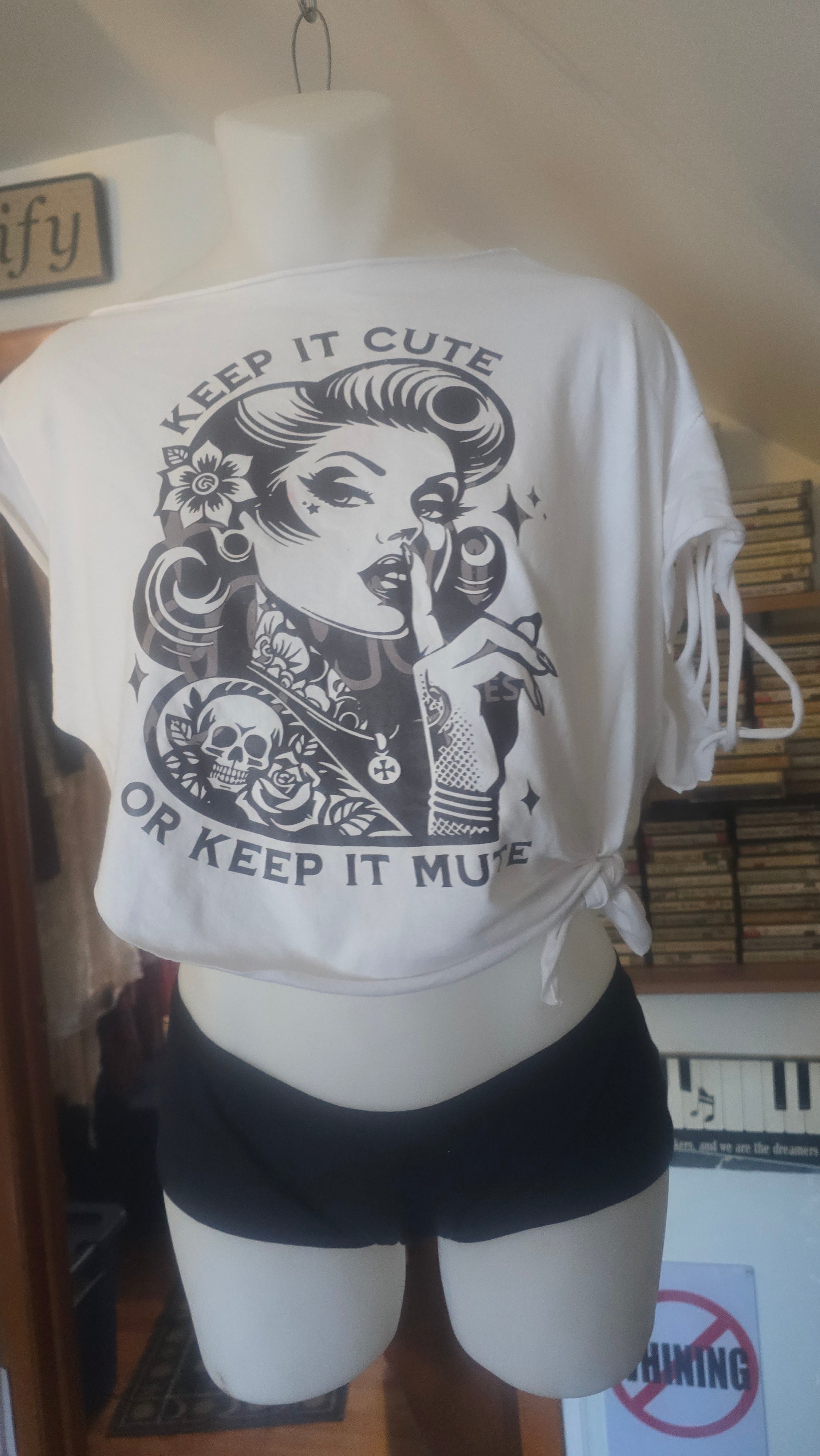 SOLD** Keep It Cute or Keep It Mute Tattoo Pin-Up Crop Tee | Handmade Upcycled Off-Shoulder Rockabilly Top | One-of-One