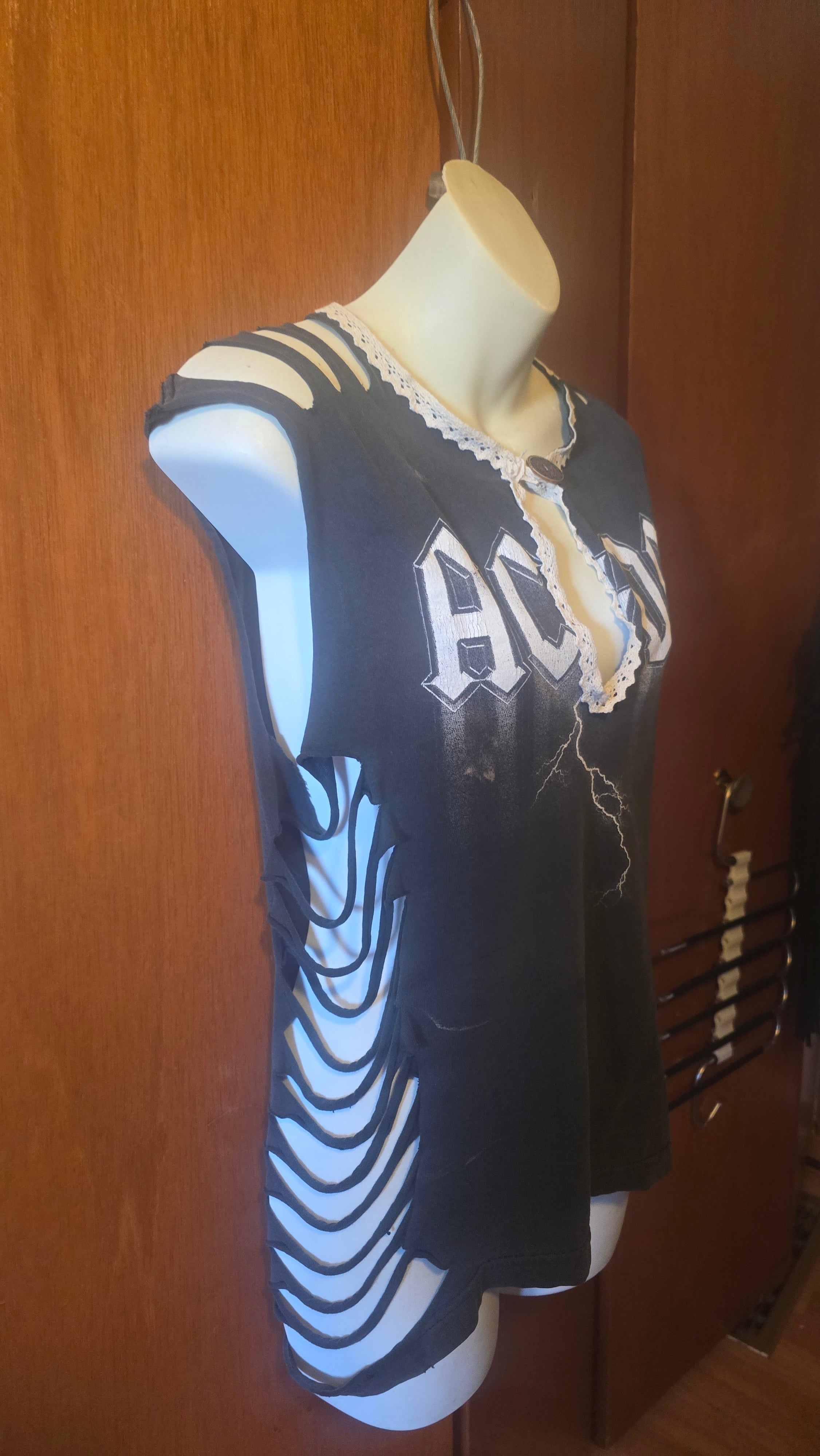 AC/DC Lace-Up Reconstructed Tank | One-of-a-Kind Upcycled Band Tee | Women's Large–XL
