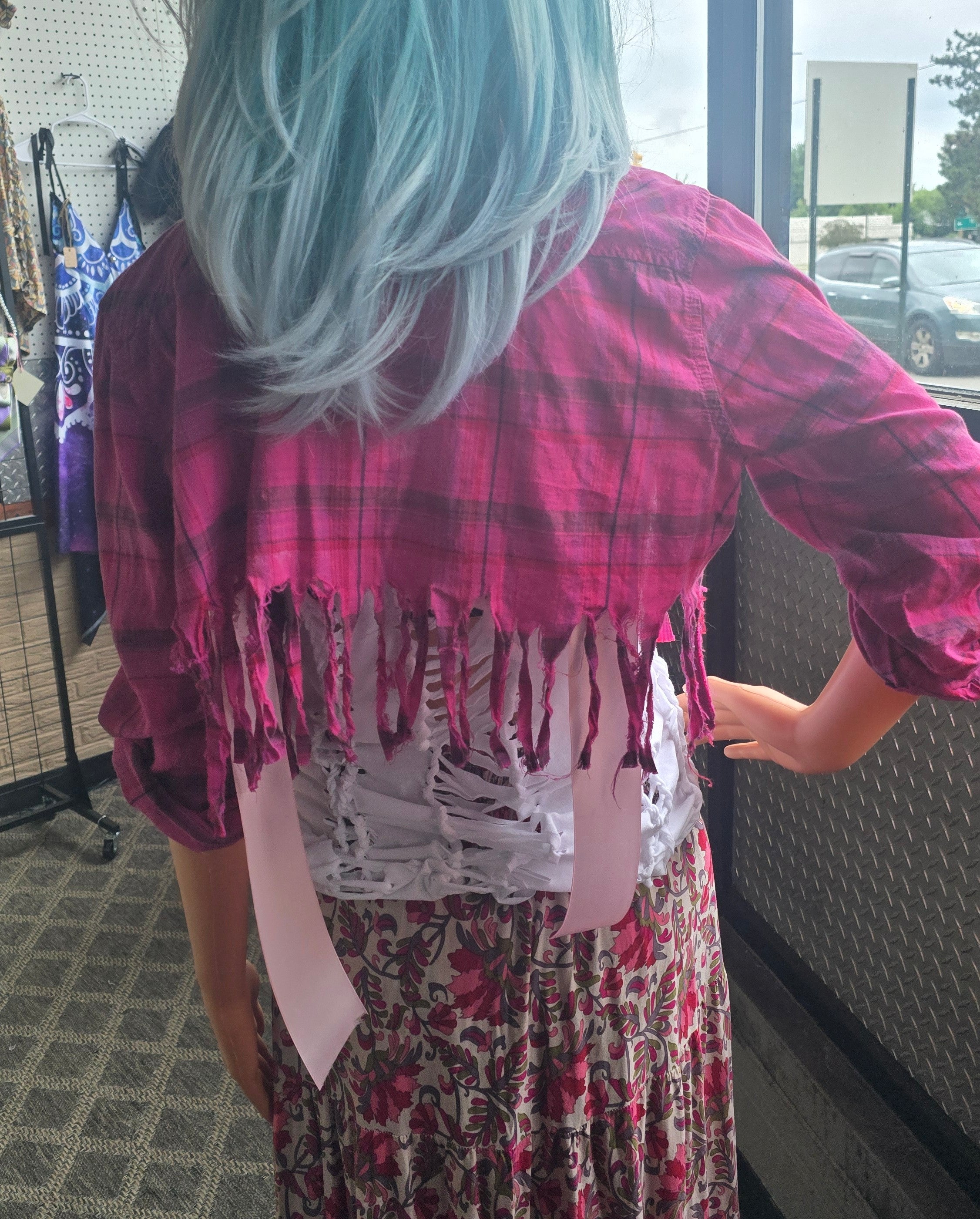 Hot Pink Distressed Plaid Cropped Flannel | One-of-One Upcycled Festival Layering Shirt