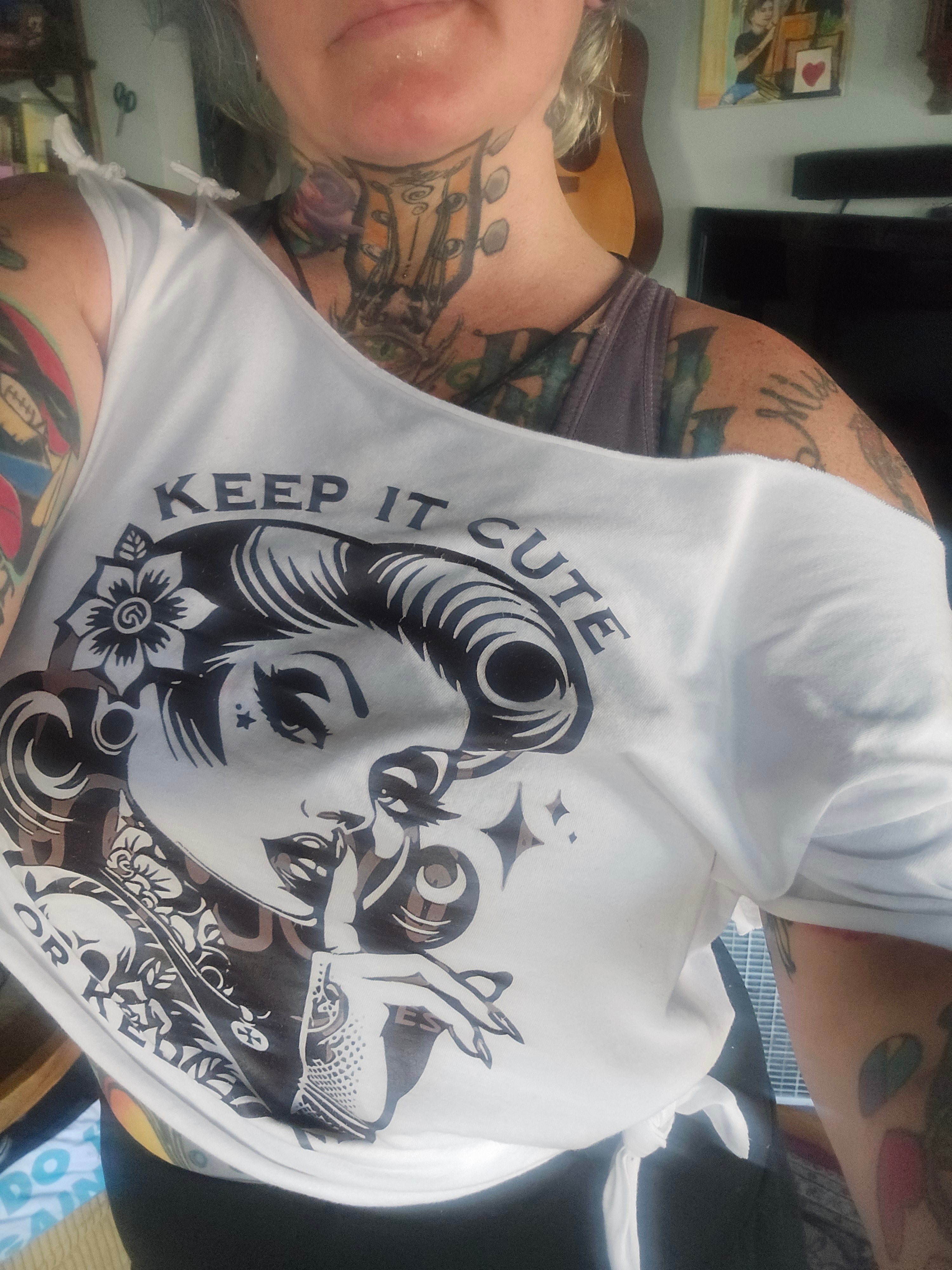 SOLD** Keep It Cute or Keep It Mute Tattoo Pin-Up Crop Tee | Handmade Upcycled Off-Shoulder Rockabilly Top | One-of-One