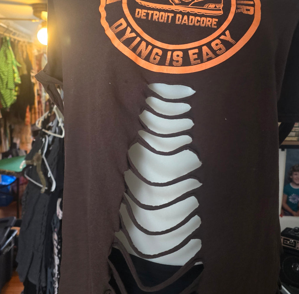One-of-One Busy Death Chair "Detroit Dadcore" Tee | Upcycled Shredded Punk Graphic Top | XL–2X
