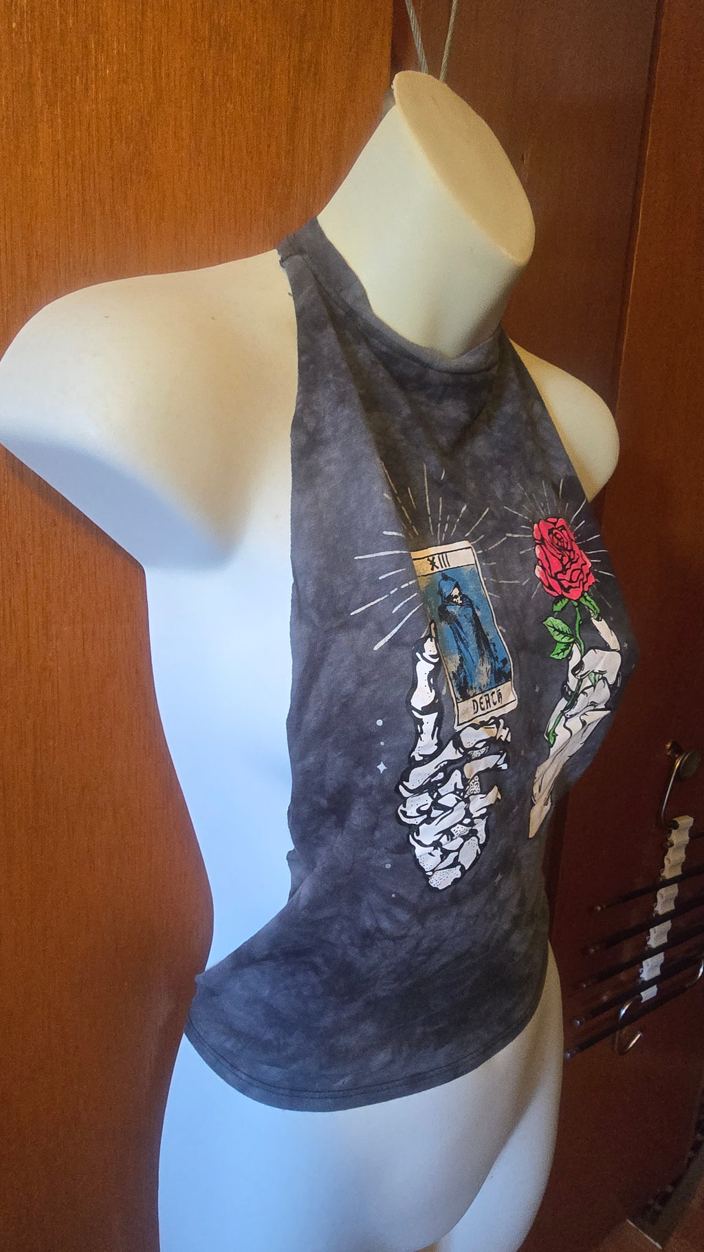 Empyre Death Tarot Halter Top | One-of-a-Kind Reconstructed Graphic Tee | Upcycled Goth Festival Top