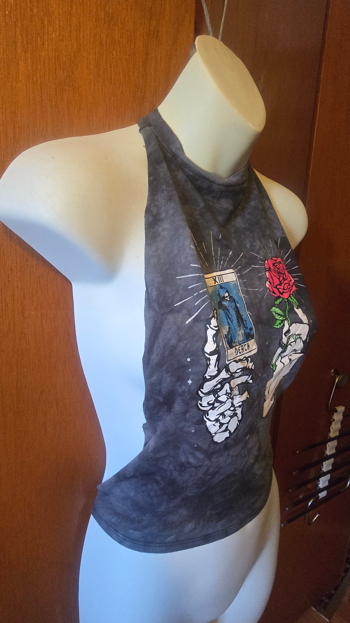 Empyre Death Tarot Halter Top | One-of-a-Kind Reconstructed Graphic Tee | Upcycled Goth Festival Top